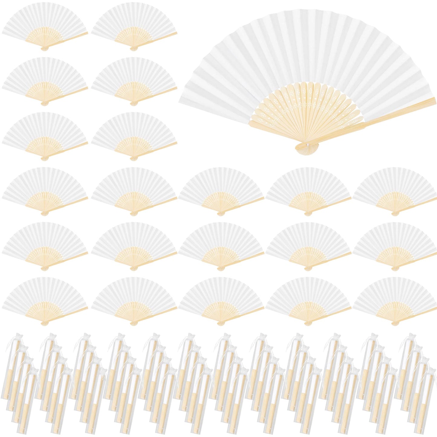 Aodaer 72 Pieces White Folding Fans with Organza Bags Paper Folding Fans Bamboo DIY Paper Hand Fan Foldable Wedding Fan for DIY Crafts, Wedding Gift, Home Decoration