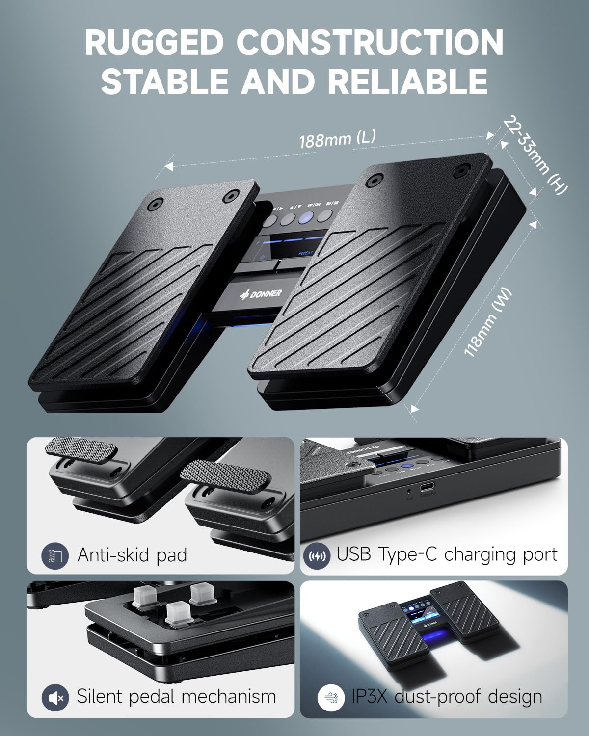 Donner Bluetooth Page Turner Pedal - Wireless Page Turning Foot Pedal for Sheet Music/iPad/Tablets/Phones, Hands-Free Flip for Musicians, Speakers, Educators | Rechargeable (DBM 50)