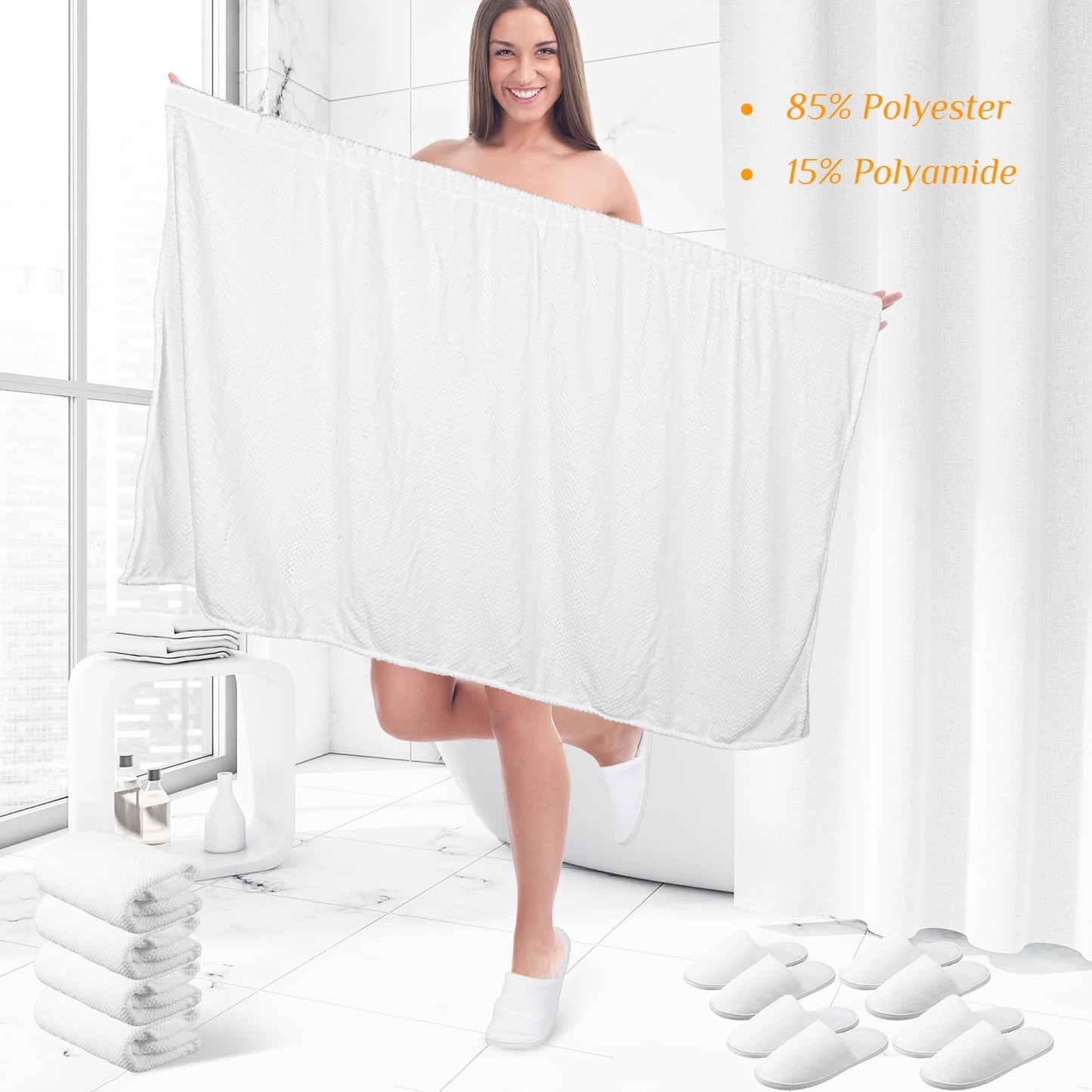 Tigeen 4 Sets Spa Wraps for Women and Hotel Slippers Spa Slippers Washable Lightweight Waffle Towel Wrap with Pocket Reusable Bathroom Slippers for Spa Gym Sauna Bath, White