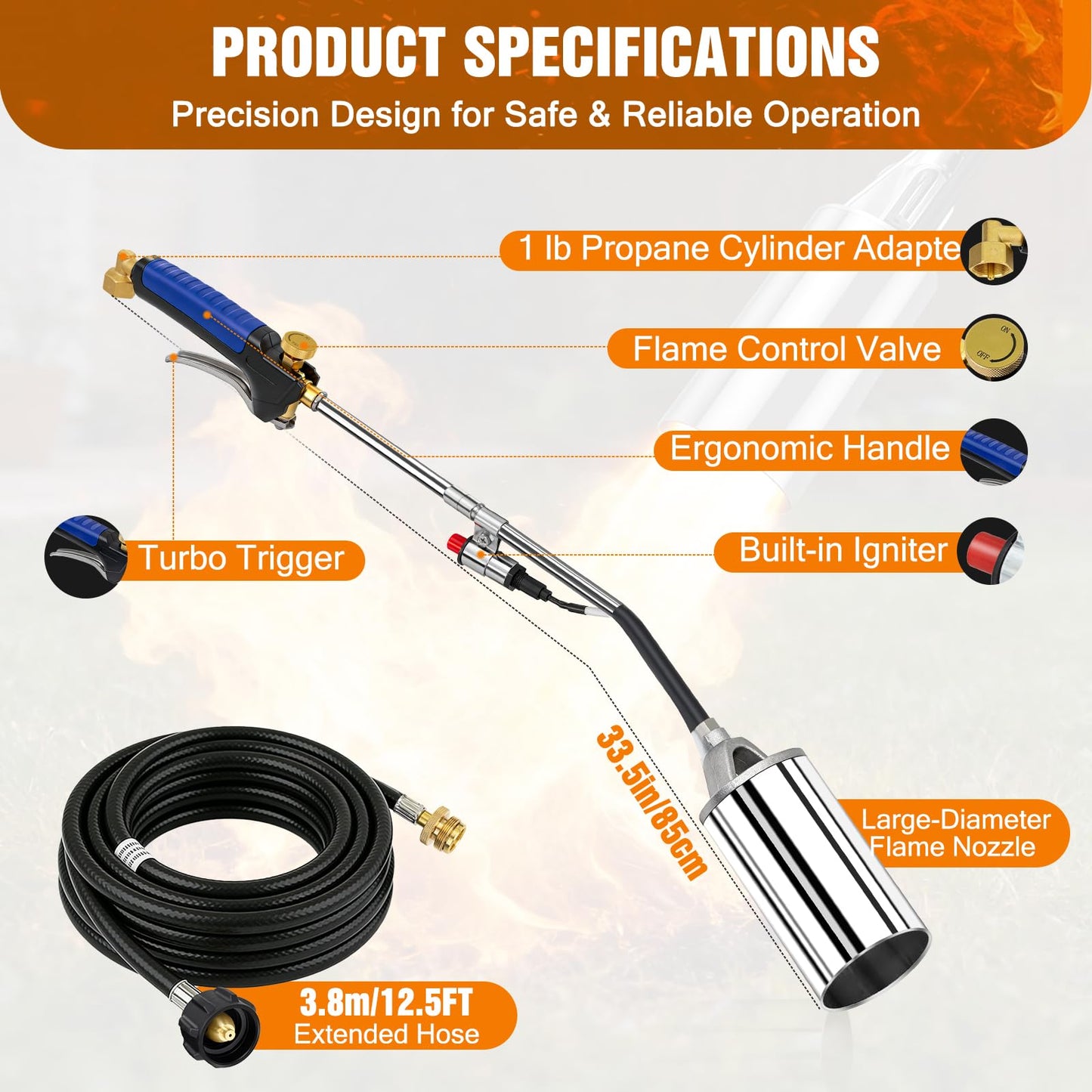 Propane Weed Control Torch Kit with 12.5 ft Hose, Outdoor Heat Tool with Push Ignition & Adjustable Output, Long or Short Setup for Yard, Snow Clearing, Driveway & Garden Work