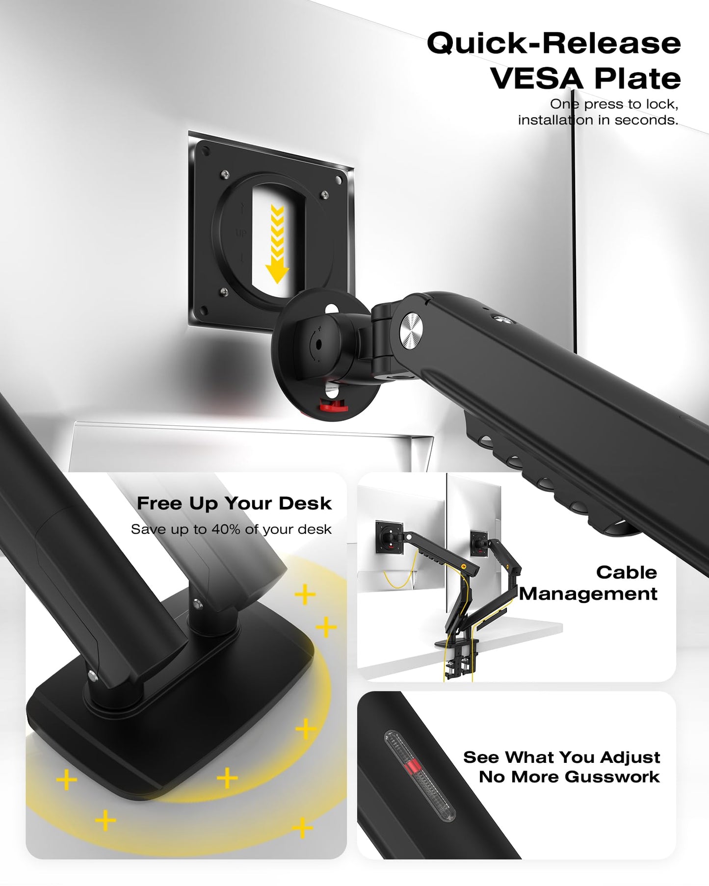 NB SmooVex™ Single Monitor Arm for Monitors 17'' to 32 inch, Mechanical Spring Mount Load up to 9 kg, VESA 75/100 mm Monitor-Mount A5 (Black-Dual)