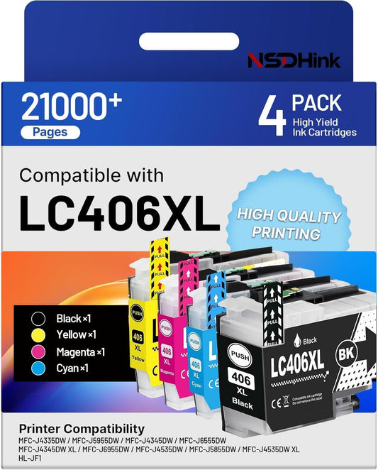 NSDHInk Compatible LC406XL Ink Cartridge (with Chip) Replacement for Brother LC406XL LC 406XL use with MFC-J4335DW MFC-J5855DW MFC-J6555DW MFC-J4535DW MFC-J6955DW Ink Printer (4Pack)