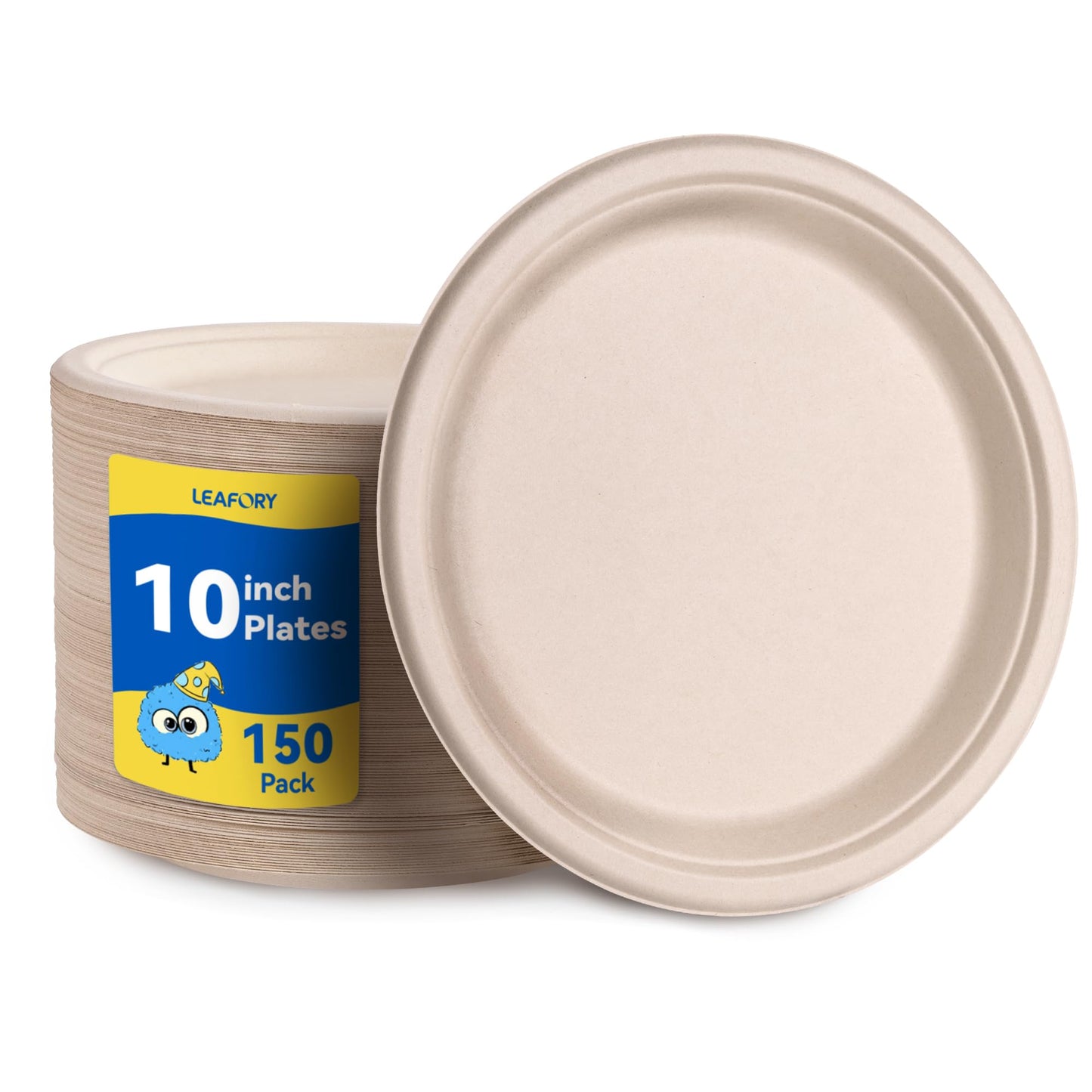 Leafory 10 Inch Compostable Paper Plates 150 Pack – Heavy Duty, Eco-Friendly, Biodegradable Sugarcane & Bamboo Fiber, Natural Disposable Plates for Party, Camping & Everyday Use