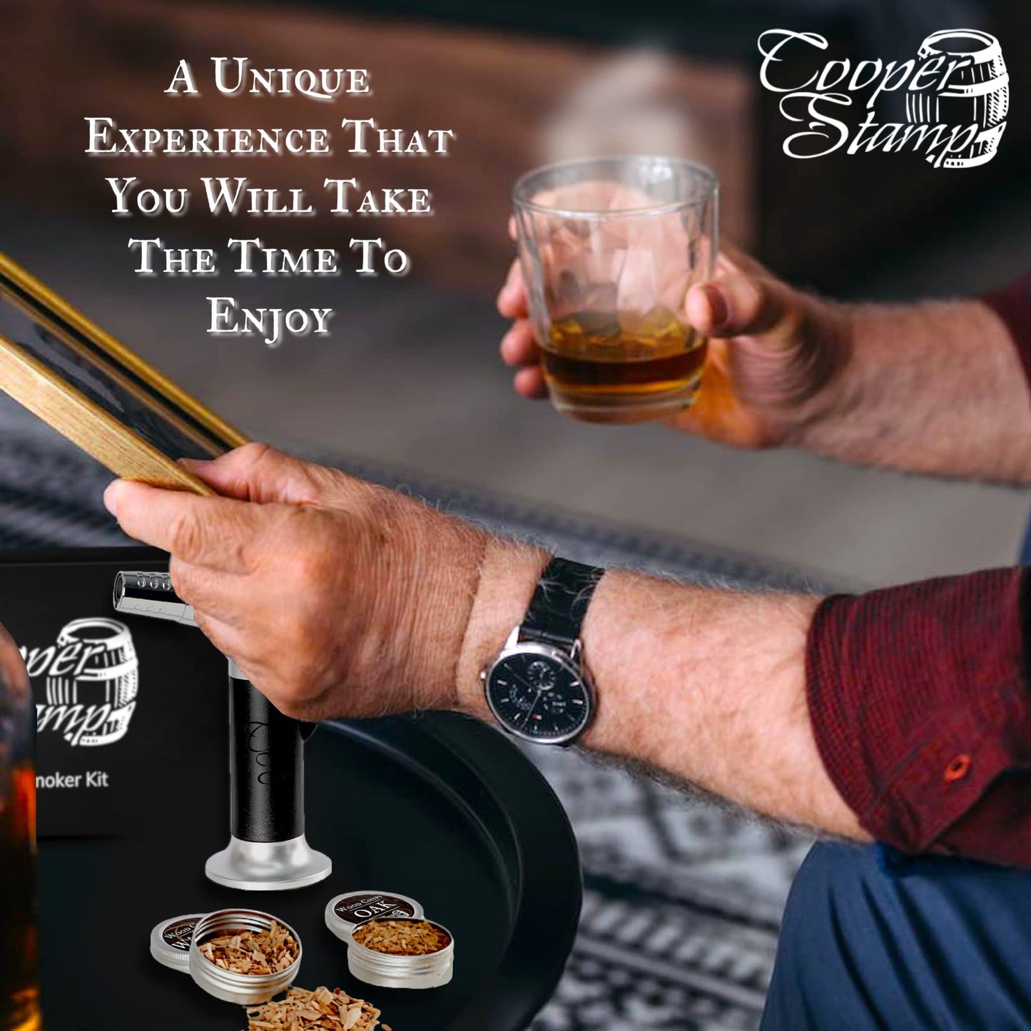 COOPER STAMP Cocktail Smoker Kit - Old-Fashioned Drink Smoker with Torch - 4 Kinds of Wood Chips for Men, Dad, Husband, Brother or Whiskey/Bourbon Lover - Butane not Included