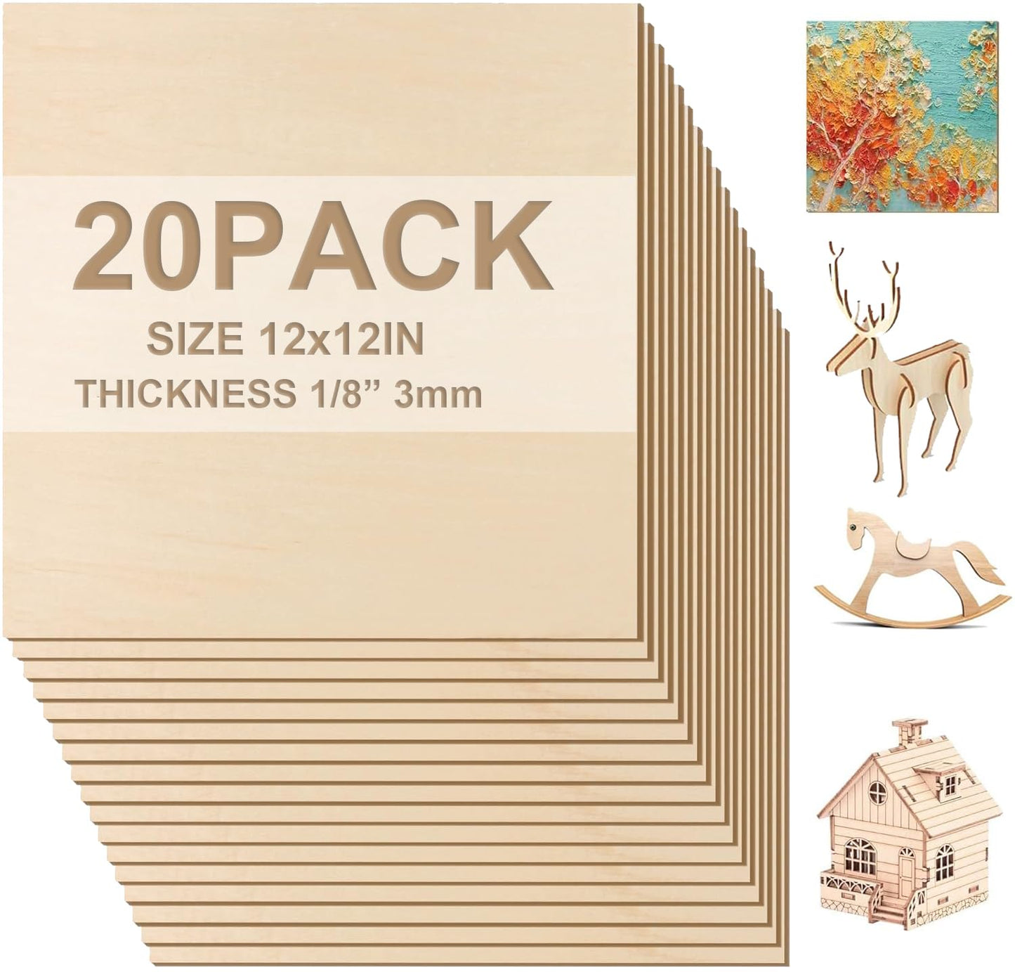 20 Pack Basswood Sheets 1/8 Plywood Sheets 3mm Basswood Sheets, Unfinished Wood Boards for DIY Laser Projects Architectural Model Making Mini House Building Hobby Wood Burning 11.8 × 11.8 Inch