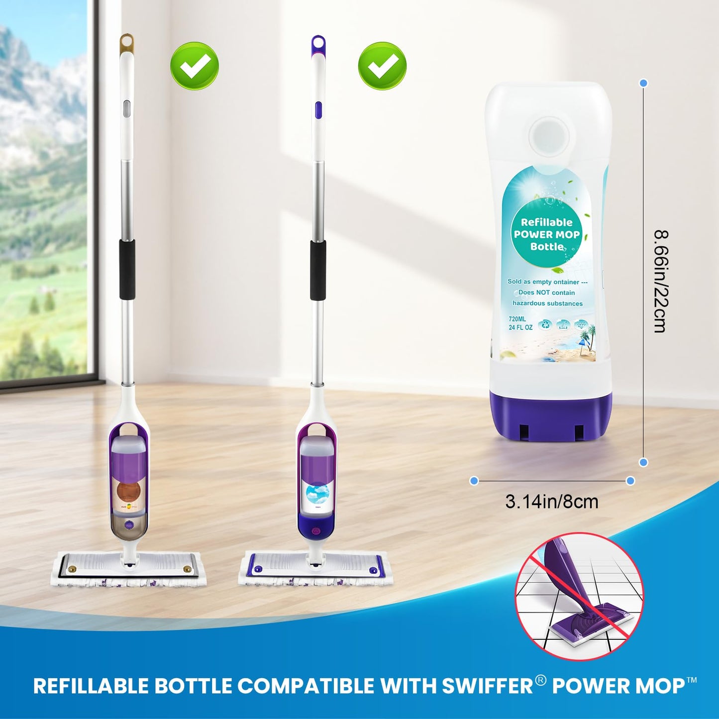 Refillable Bottle for Swiffer Power Mop - 720 ML/24 FL OZ - Leak-Proof HDPE Material Solution Bottle, 1 Empty Bottle + 6 Silicone Pads + 1 Foldable Funnel