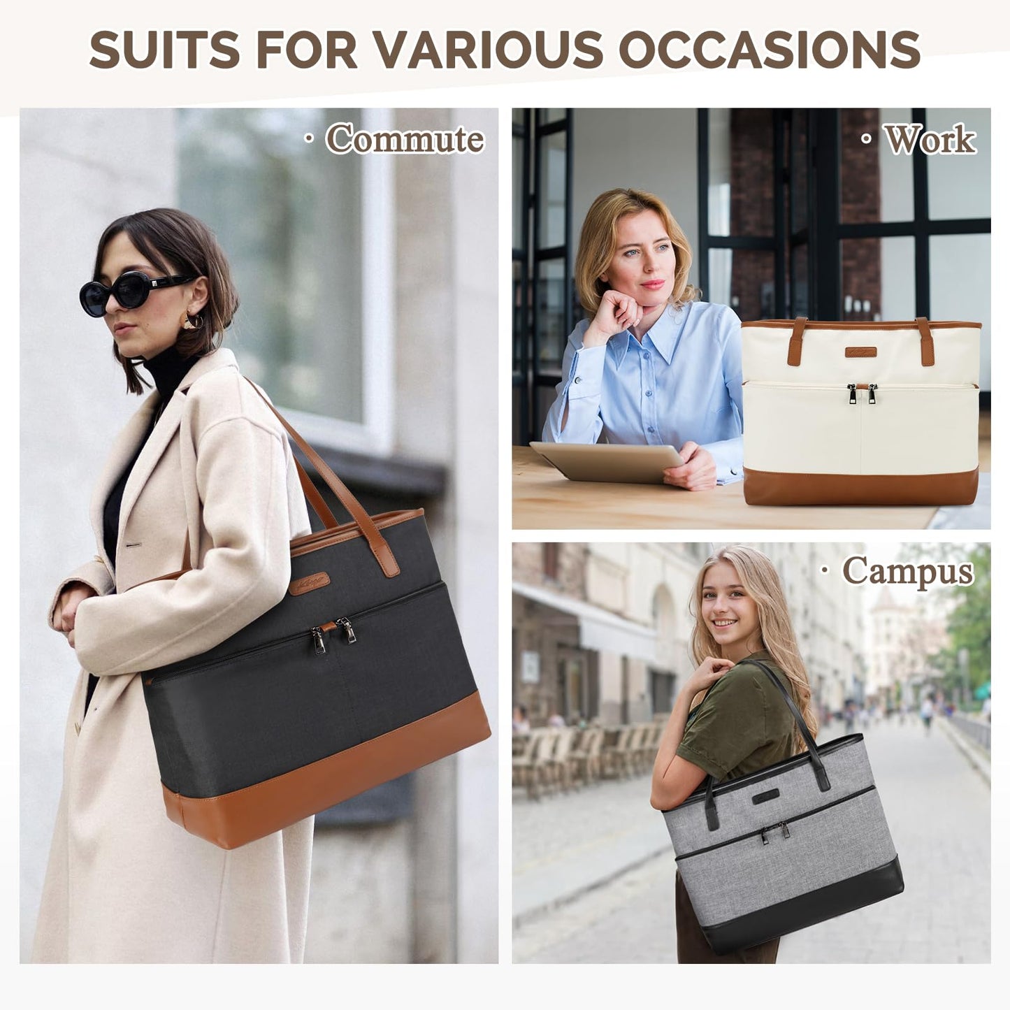 Kasqo Laptop Tote Bag for Women, 15.6 Inch Water Resistant Work Computer Purse Large Shoulder Bag Briefcase Travel Handbag for Office Bussiness with Luggage Sleeve Black and Brown