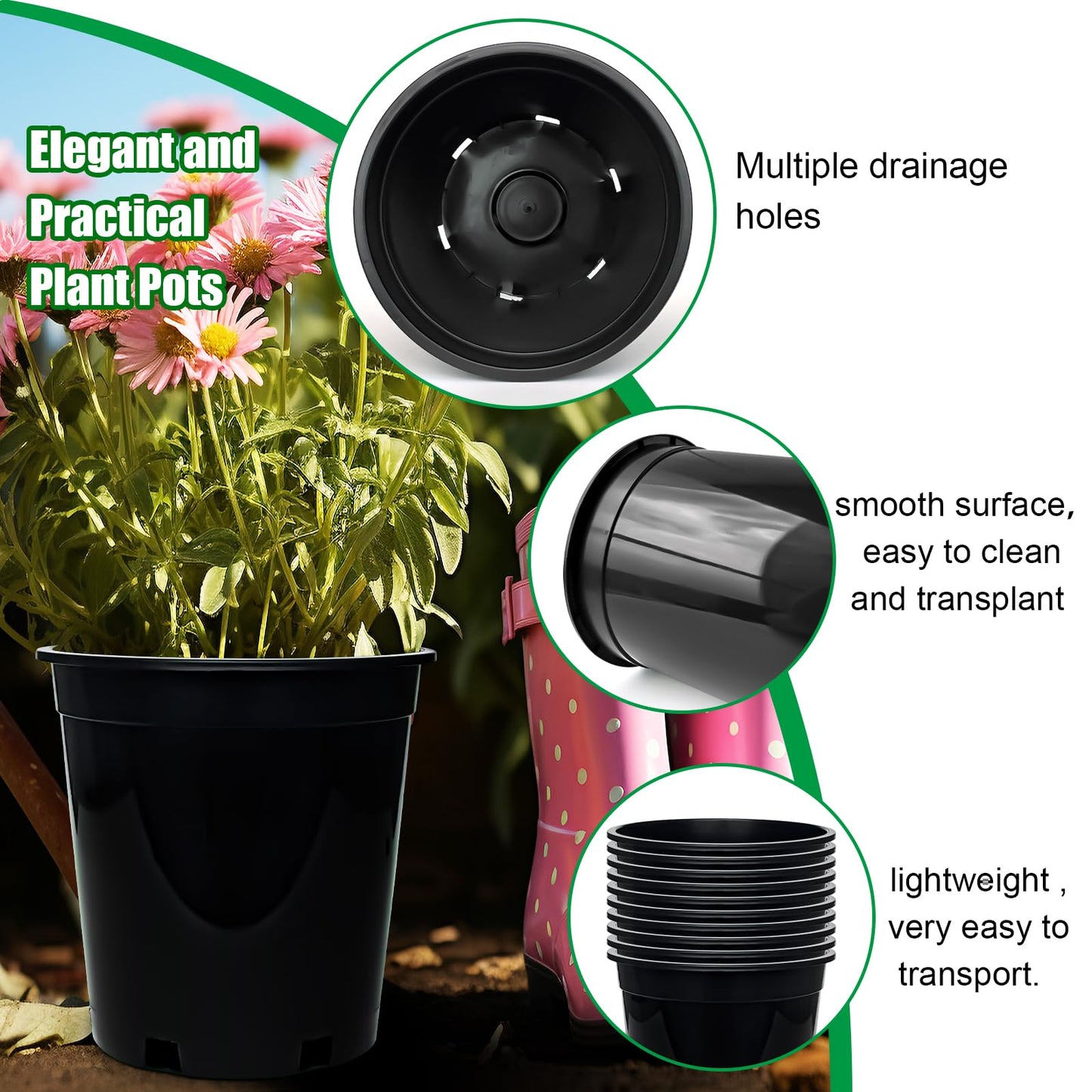 1.5 Gallon Plastic Nursery Pots, 7.5 Inch Round Plant Pots with Drainage Holes, 15 Pack Flower Pots for Outdoor Indoor Plants, Flowers, Black