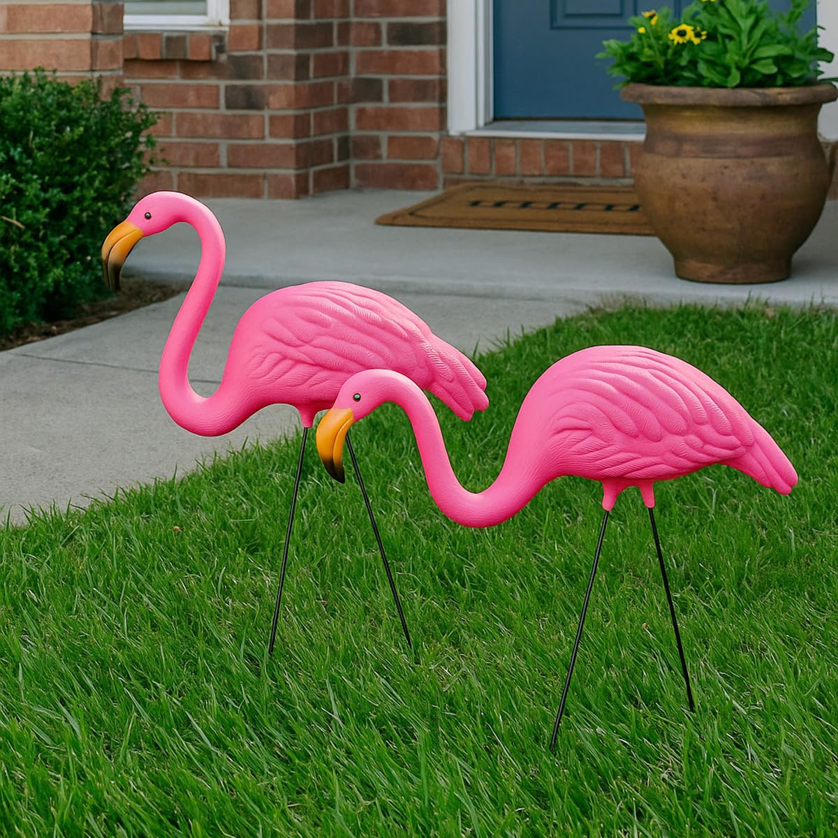 GiftExpress Pack of 2, Large Bright Pink Flamingo Yard Ornament/Lawn Ornaments/Ink Flamingo Garden Yard Stakes/Adjustable Feet Length and Gesture