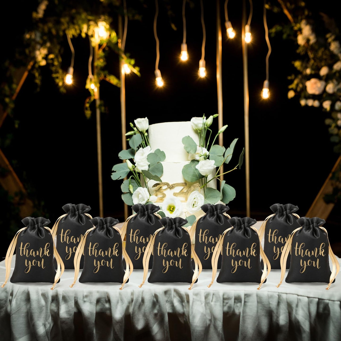 Roowest 100 Pcs Thank You Satin Gift Bags Drawstring Jewelry Candy Pouches for Wedding Bridal Shower Baby Shower Favor Drawstring Bag for Birthday Holiday Party(6 x 9 Inch,Black)