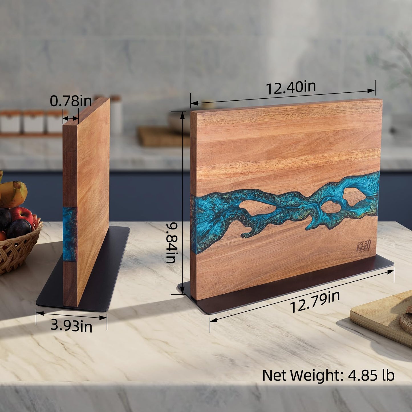 FINDKING Magnetic Knife Block, Double Sided Holder, Powerful Magnet Kitchen Storage, Acacia Wood and Blue Resin (12 x 10 Inches, Without Knives)