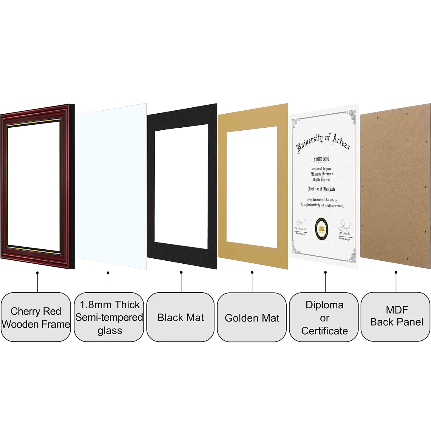 CORE ART 11x14 Diploma Frame Display Certificates 8.5 x 11 with Black Mat or Documents 11 x 14 without Mat, College Degree Wooden Frame with Tempered Glass for Wall and Tabletop Display(Cherry Red)