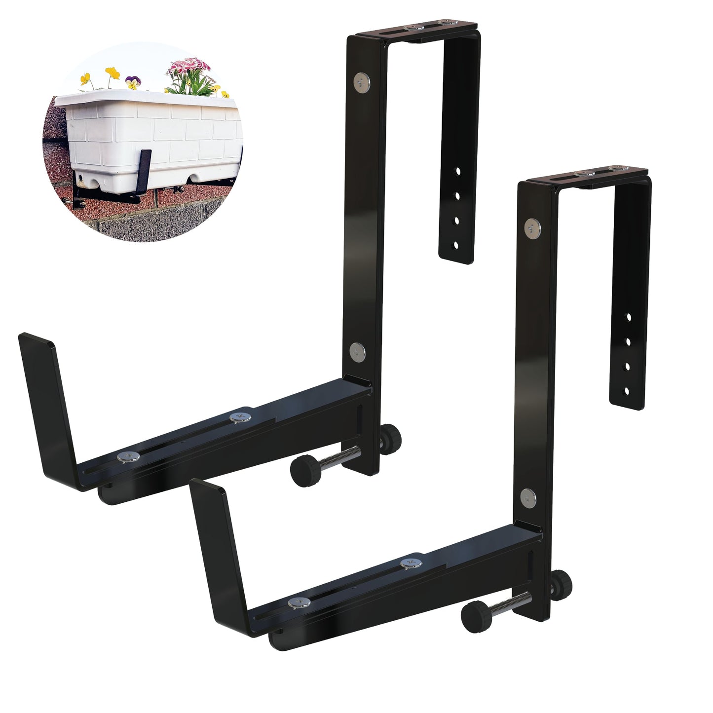 Window Box Brackets for Railing- 2 Pcs Adjustable Planter Box Brackets- Sturdy, Stable Flower Box Brackets for Railings, Balconies and Fences- Upright Railing Plant Holder Brackets (Black 2 Pack)