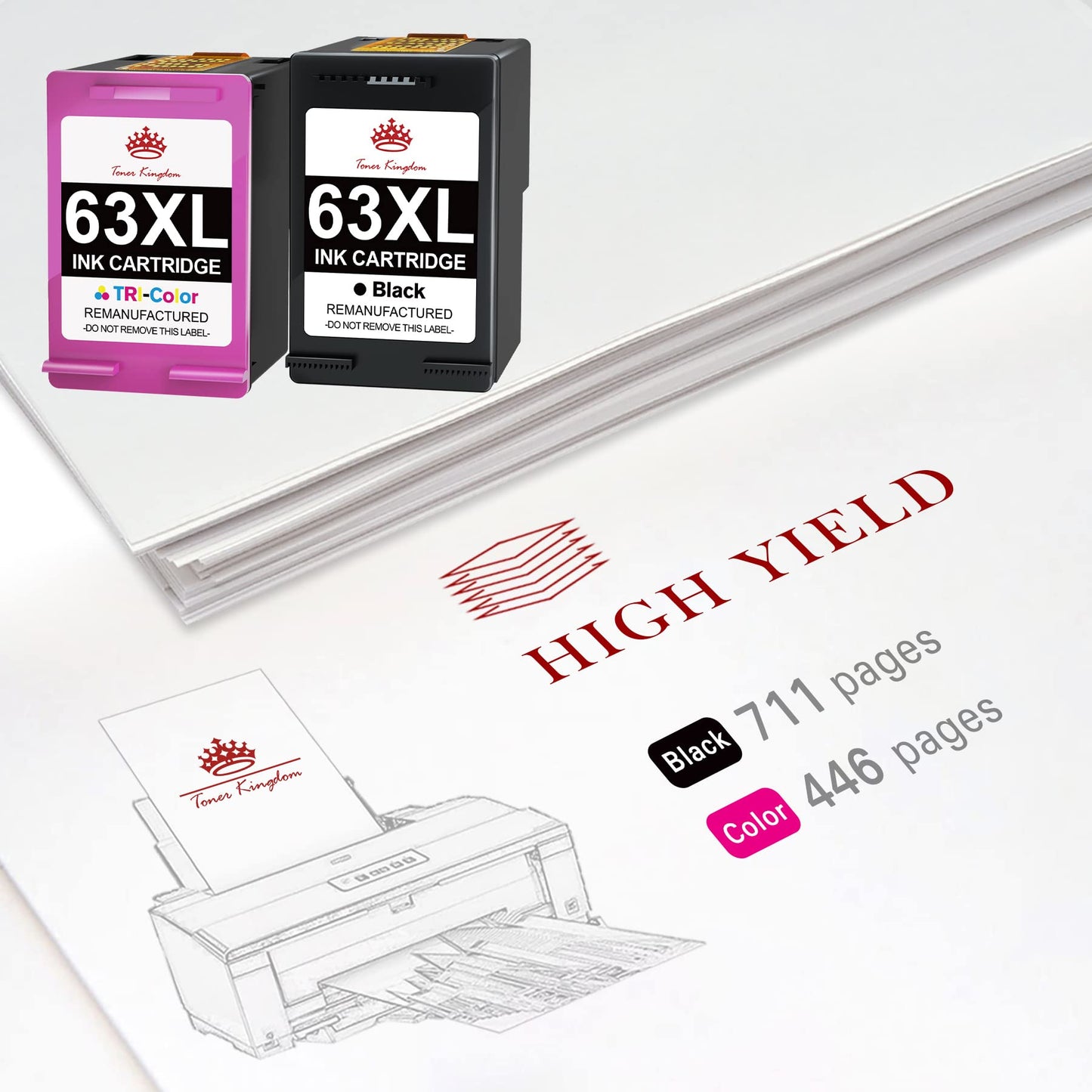 Toner Kingdom Remanufactured Ink Cartridge Replacement for HP 63 Ink 63XL for HP Envy 4520 Ink cartridges 4512 4516 Officejet 3830 4650 5255 5258 Deskjet 1112 Printer Ink(1 Black, 1 Tri-Color)