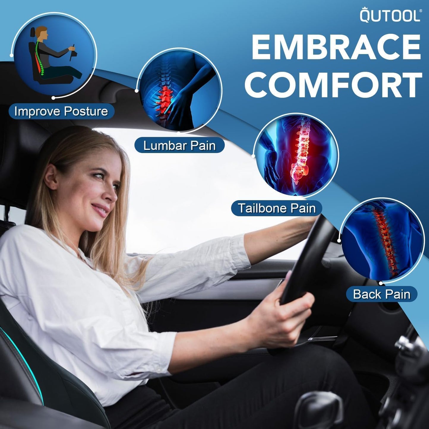 QUTOOL Lumbar Support Pillow for Car & Truck, Memory Foam Back Cushion for Driving Seat, Long-Time Driving Comfort, Washable Cover, Lower Back Support Fits Most Vehicles (Black)