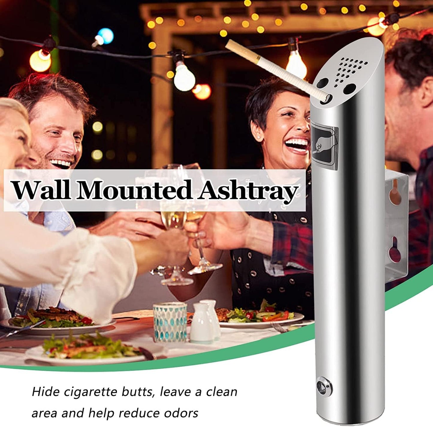 2 Pcs Wall Mounted Trash Can Outdoor Waste Receptacle, Stainless Steel Cylinder Commercial Trash Bin Container for Patios, Restaurants, Bars, Hotels, Offices, Silver