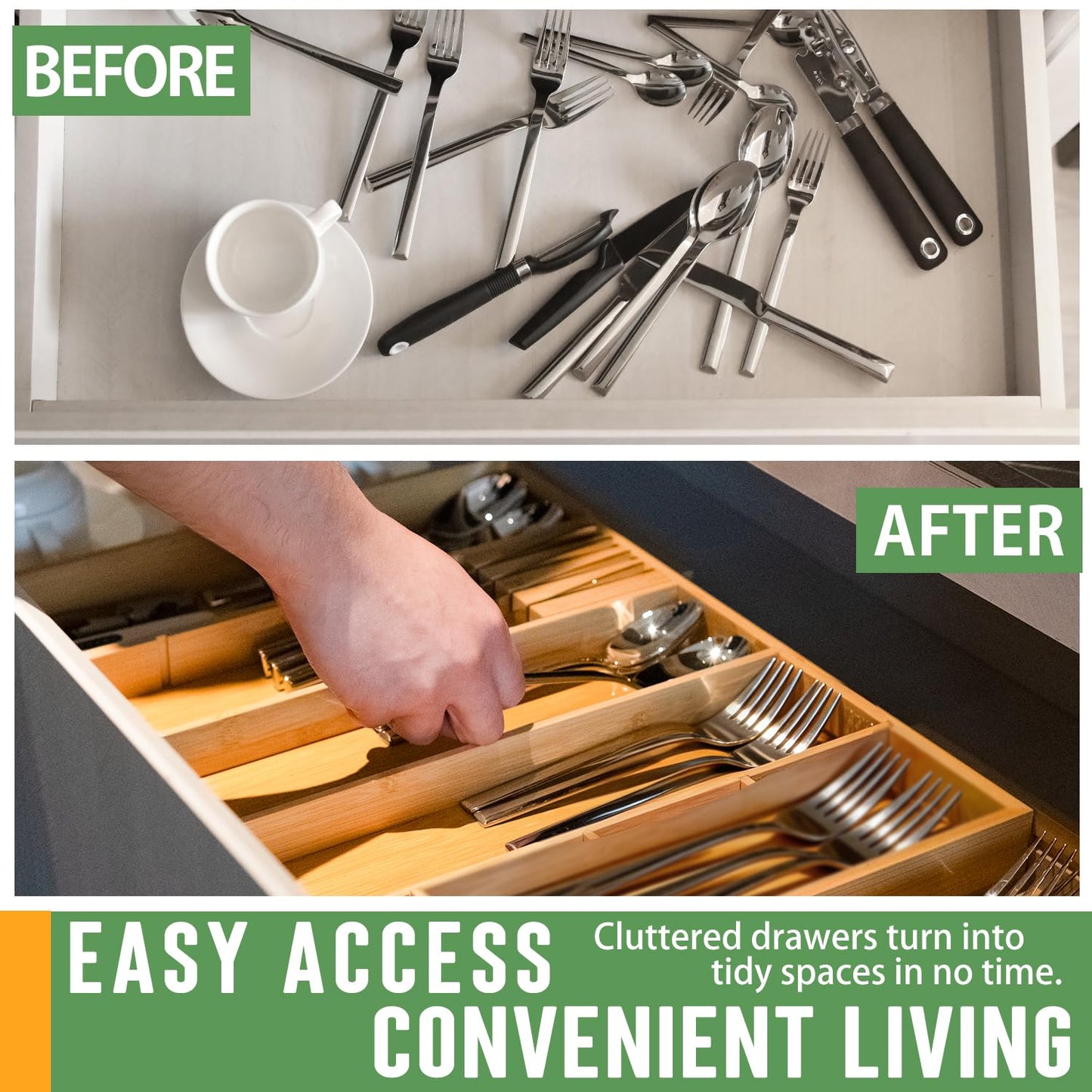 KWASVLYA Bamboo Expandable Drawer Organizer with Removable Dividers, 15"-22" Adjustable Tray for Kitchen Utensils, Makeup & Office Storage