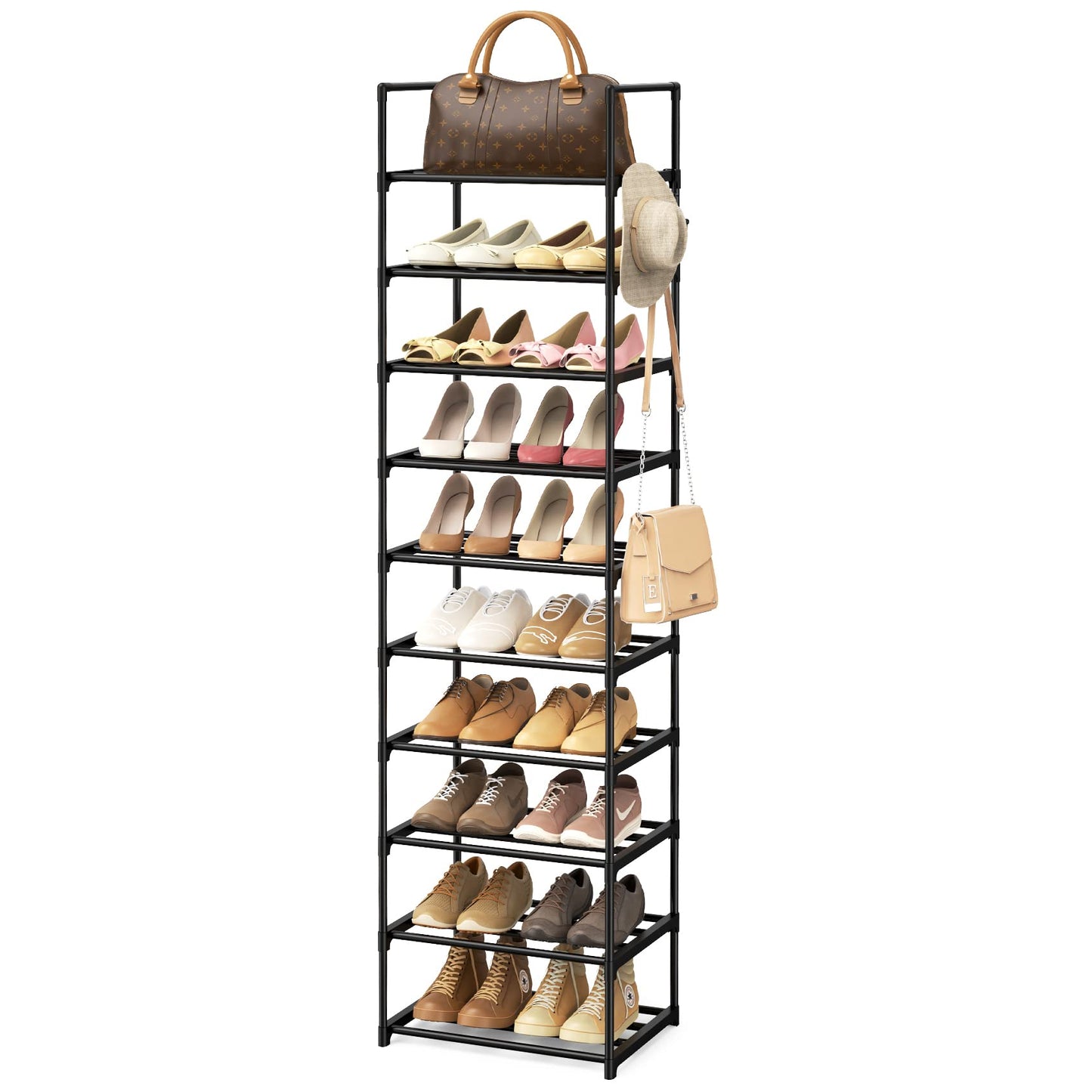 VTRIN 10 Tiers Narrow Shoe Rack 20-25 Pairs Shoe and Boots Organizer Storage Sturdy Shoe Shelf, Metal Shoe Rack for Entryway, Bedroom, 17 x 12 x 79 Inches, Black Vertical Stackable with 5 Hooks