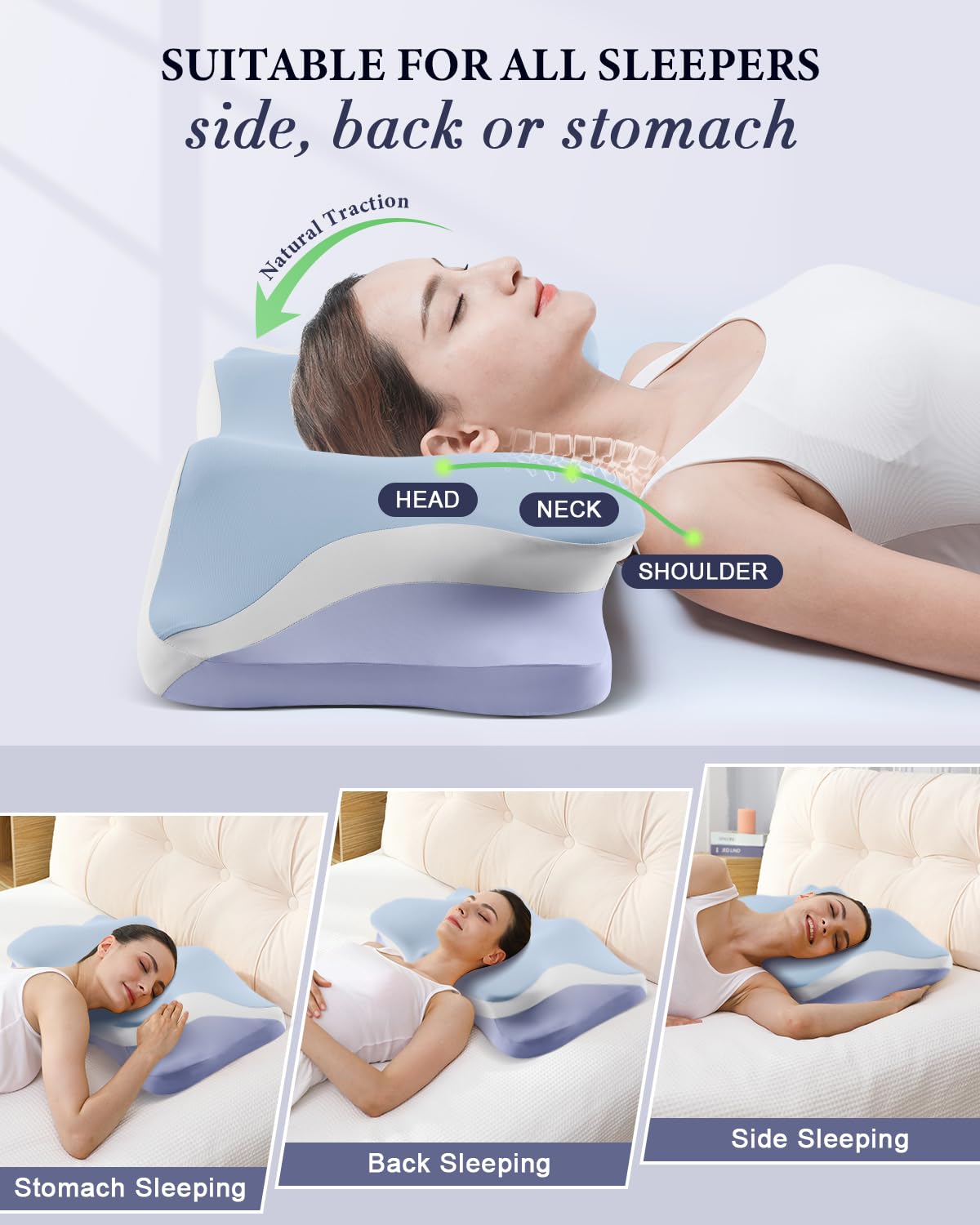 Cervical Pillow, Cooling Ergonomic Memory Foam Pillows for Sleeping with Luxury Anti-Pilling Pillowcase, Contour Deep Sleep Neck Support Pillow for Side Back Stomach Sleepers Queen Size (Blue)