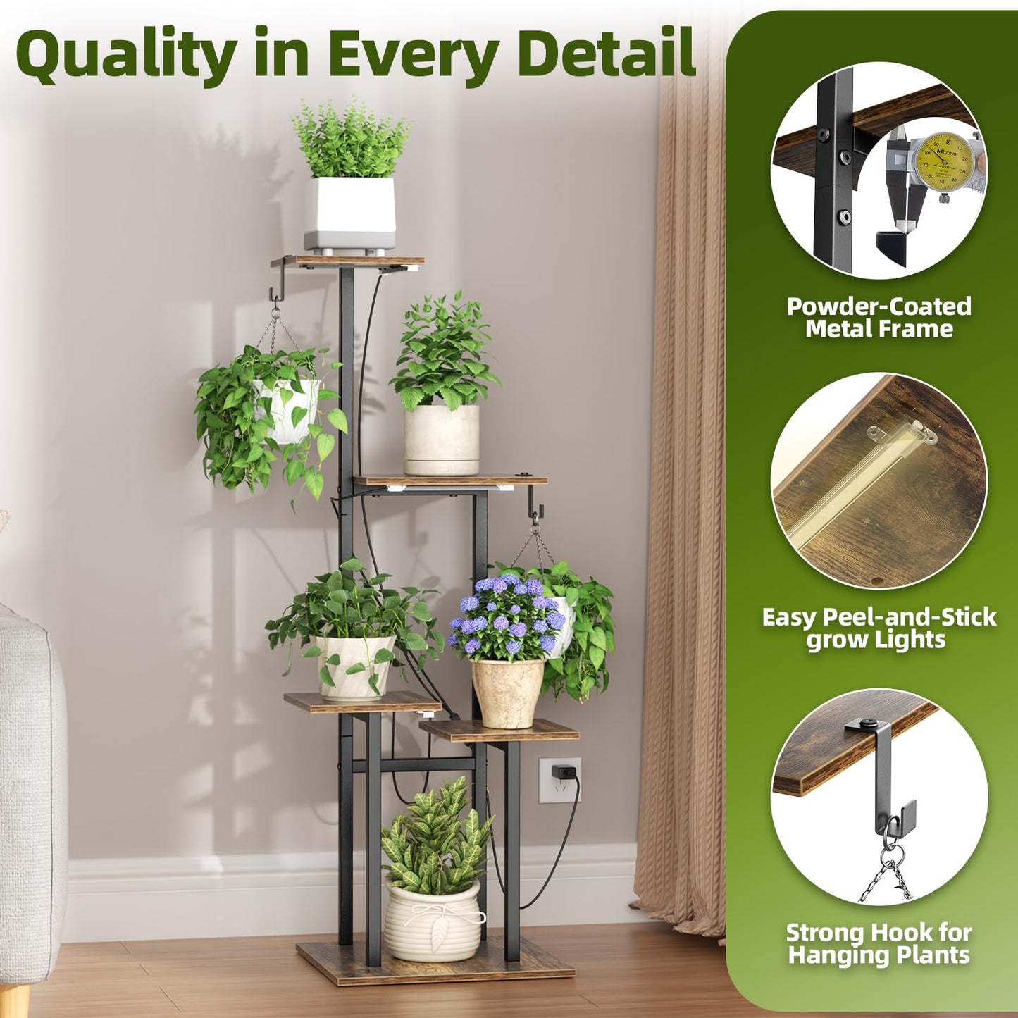 unlumm Plant Stand Indoor with Grow Lights, 46" Metal Corner Plant Shelf with 3 LED Lights, 5-Tiered Tall Plant Flower Holders with 2 Hanging Hooks for Living Room, Garden, Patio (Black Brown)