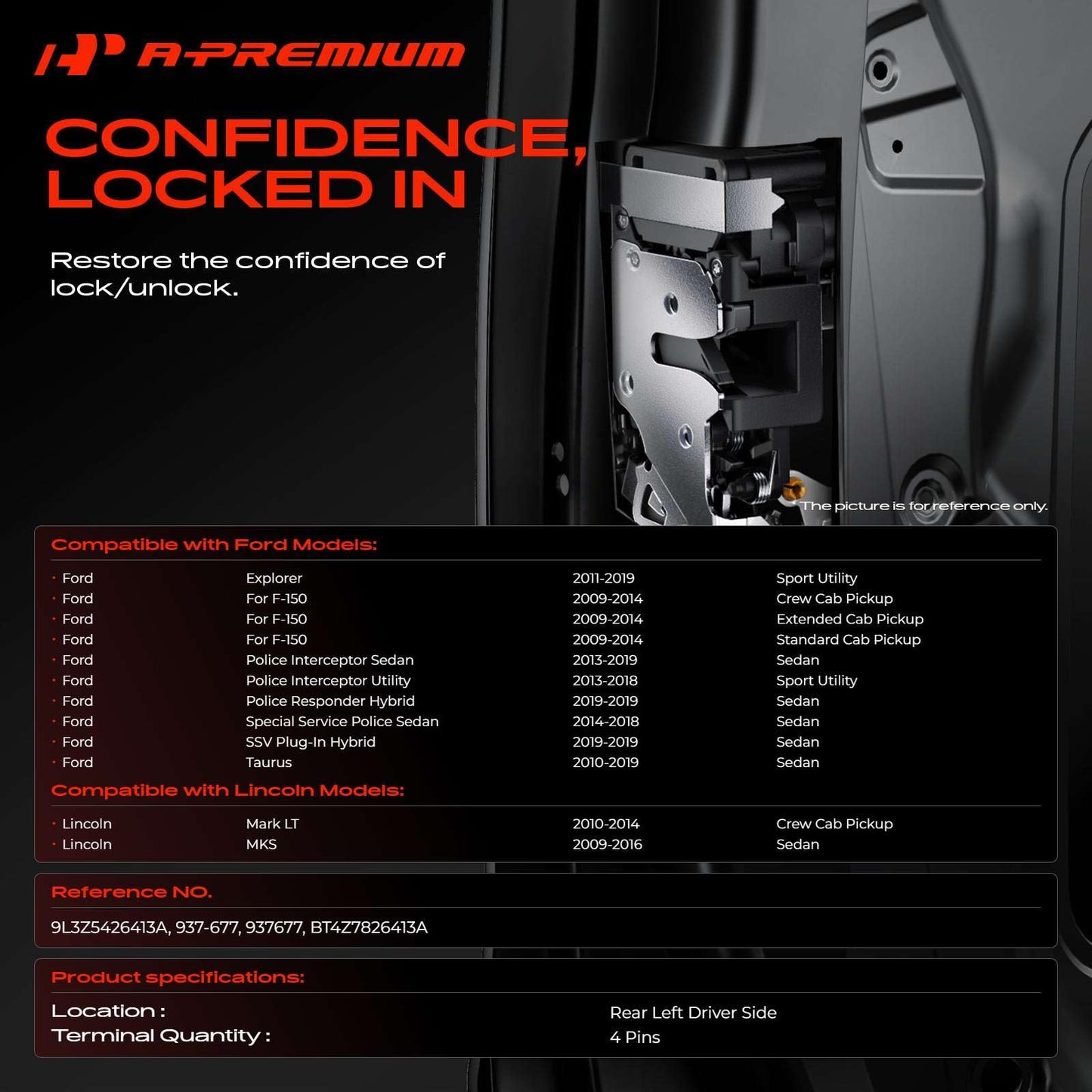 A-Premium Rear Left Driver Side Door Latch Lock Actuator Compatible with Ford F-150 2009-2014 Explorer 2011-2019 Taurus 2010-2019 Police Interceptor Utility Lincoln Mark LT MKS