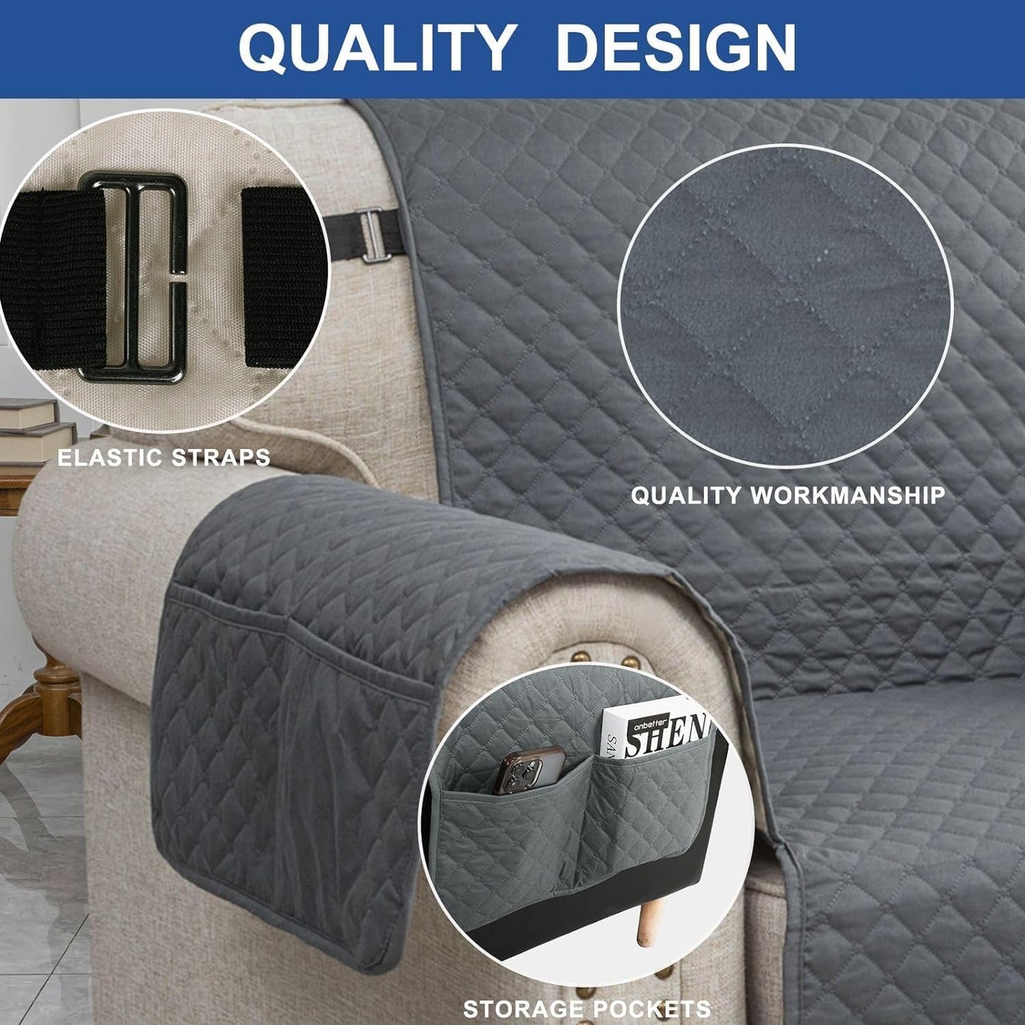 XINEAGE Couch Covers for 3 Cushion with Pockets and Non Slip Straps Water Resistant Sofa Slipcovers for Living Room Soft Thick Furniture Protector for Pets Dogs Kids (Large, Dark Gray)