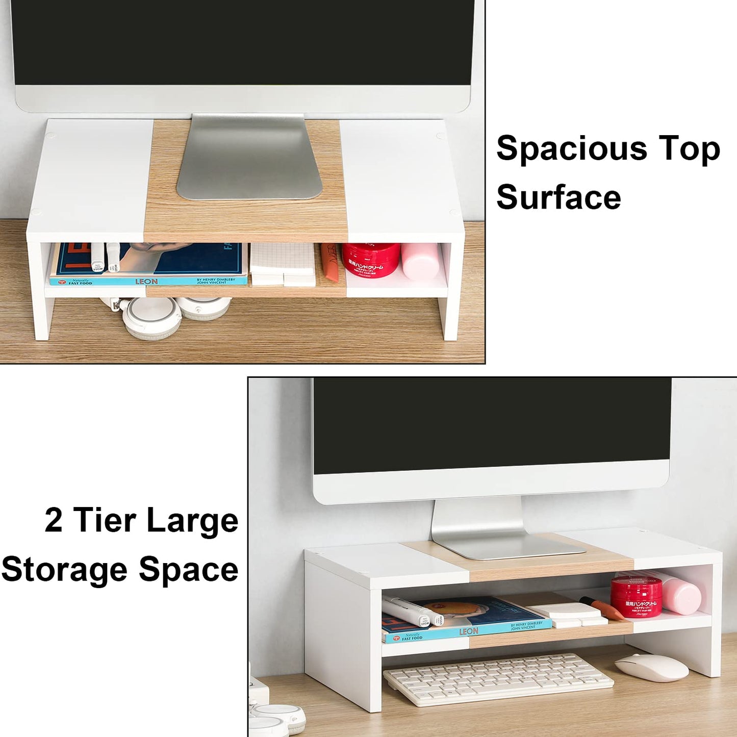 TEAMIX 2 Tiers Desktop Monitor Stand Riser 51cm Printer Stand with Storage Small TV Riser Laptop Wooden Desk Organizer Shelf Bookshelf Maple (White+Maple, 2 Tiers)