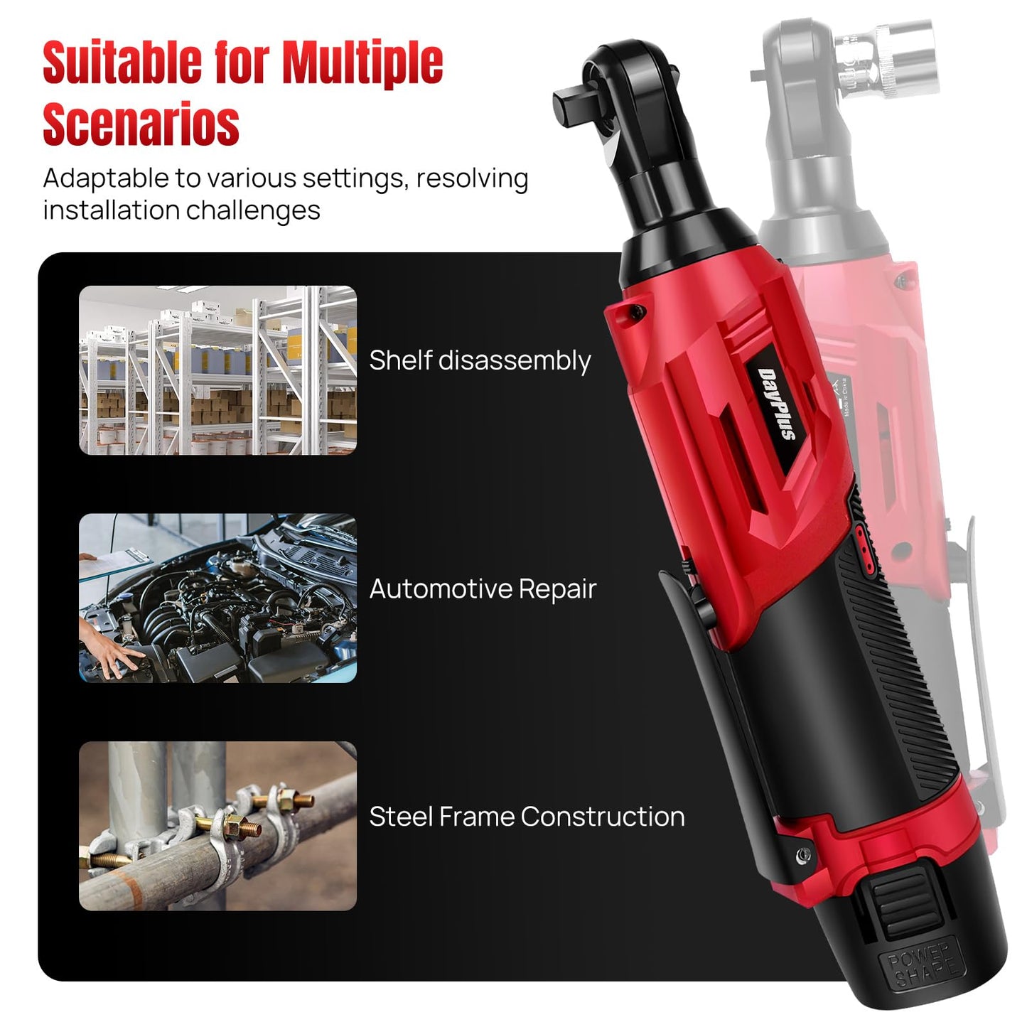 Cordless Electric Ratchet Wrench Kit, 0-2300 RPM 3/8 Inch Power Ratchet Wrench with Variable Speed Trigger 2X 1.5Ah Li-Ion Batteries, 7 Sockets, Fast Charge -Red