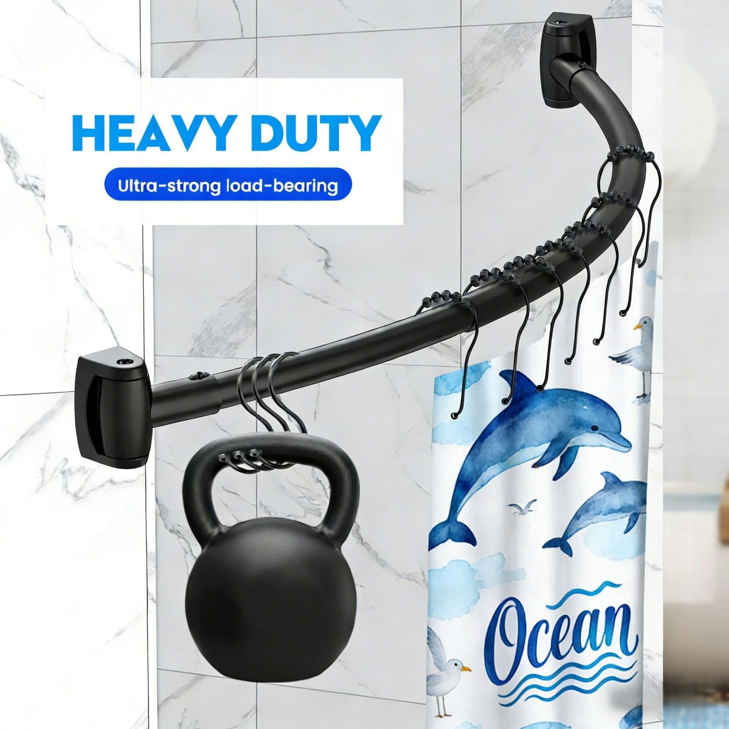 ASULUPHY Black Curved Shower Curtain Rod 33-76 Inch – Adjustable Shower Rod, Heavy Duty Stainless Steel, Anti-Rust, Non-Slip Shower Rod for Bathroom, Bathtub, Shower Stall