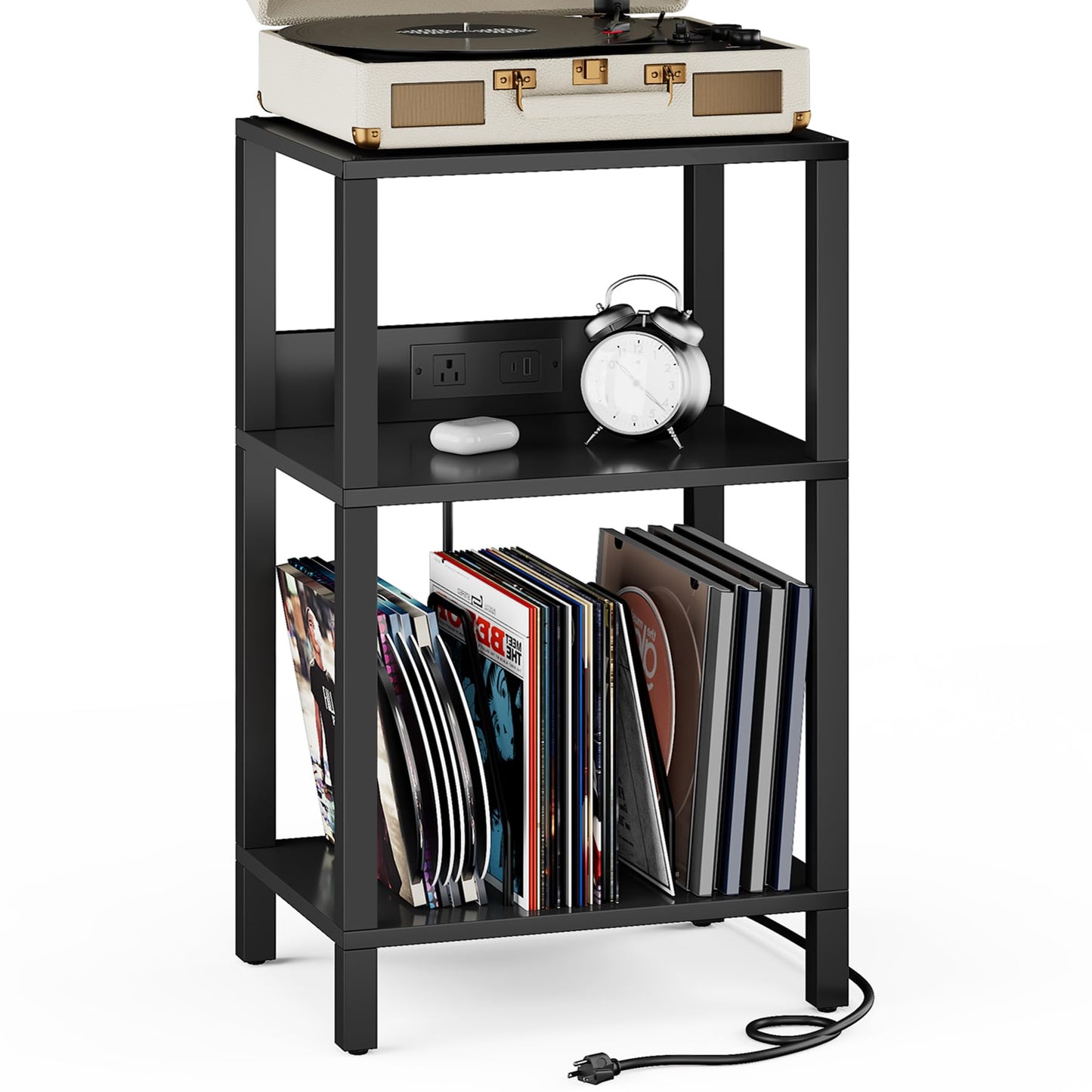 TUTOTAK Record Player Stand with Storage Up to 100 Albums，Record Storage Table,3 Tier End Table with Charging Station,Side Table for Living Room, Bedroom, Black TB01BK076