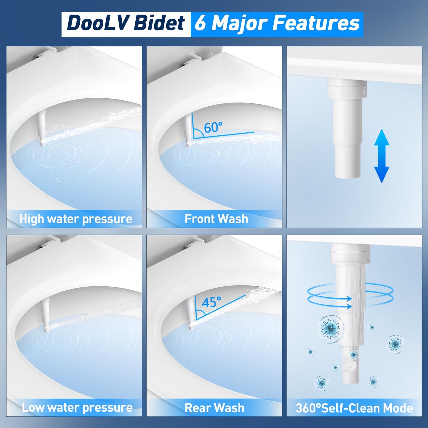 Doolv Upgraded Hot Cold Bidet Attachment - Front & Rear Wash, Adjustable Water Pressure, with Self-Clean, Retractable Single Nozzle, Non-Electric Warm Water Bidet Toilet Seat Attachment