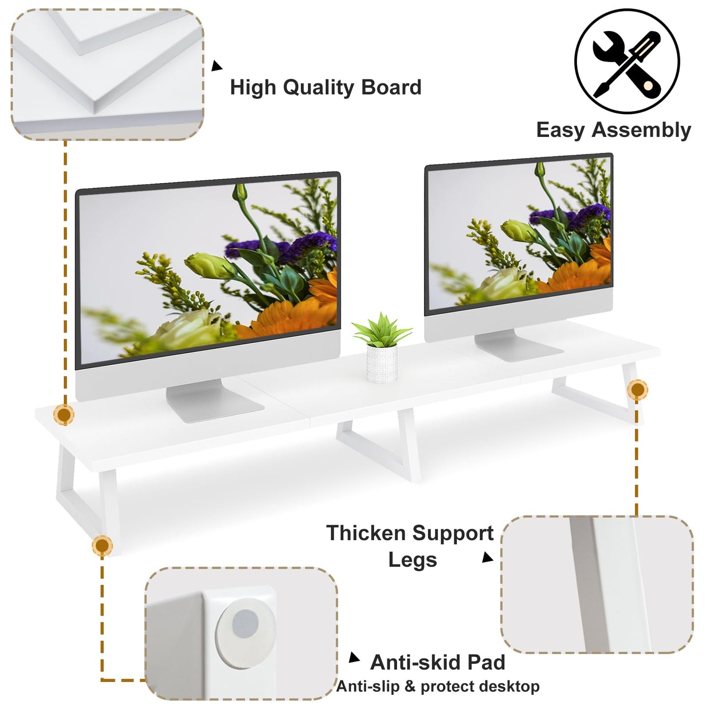 TEAMIX 42 inch White Monitor Riser for 2 Monitors, Wood Desktop Dual Stand with Metal Legs, Long Screen/PC/Laptop Storage,Computer Shelf TV Holder Home Office