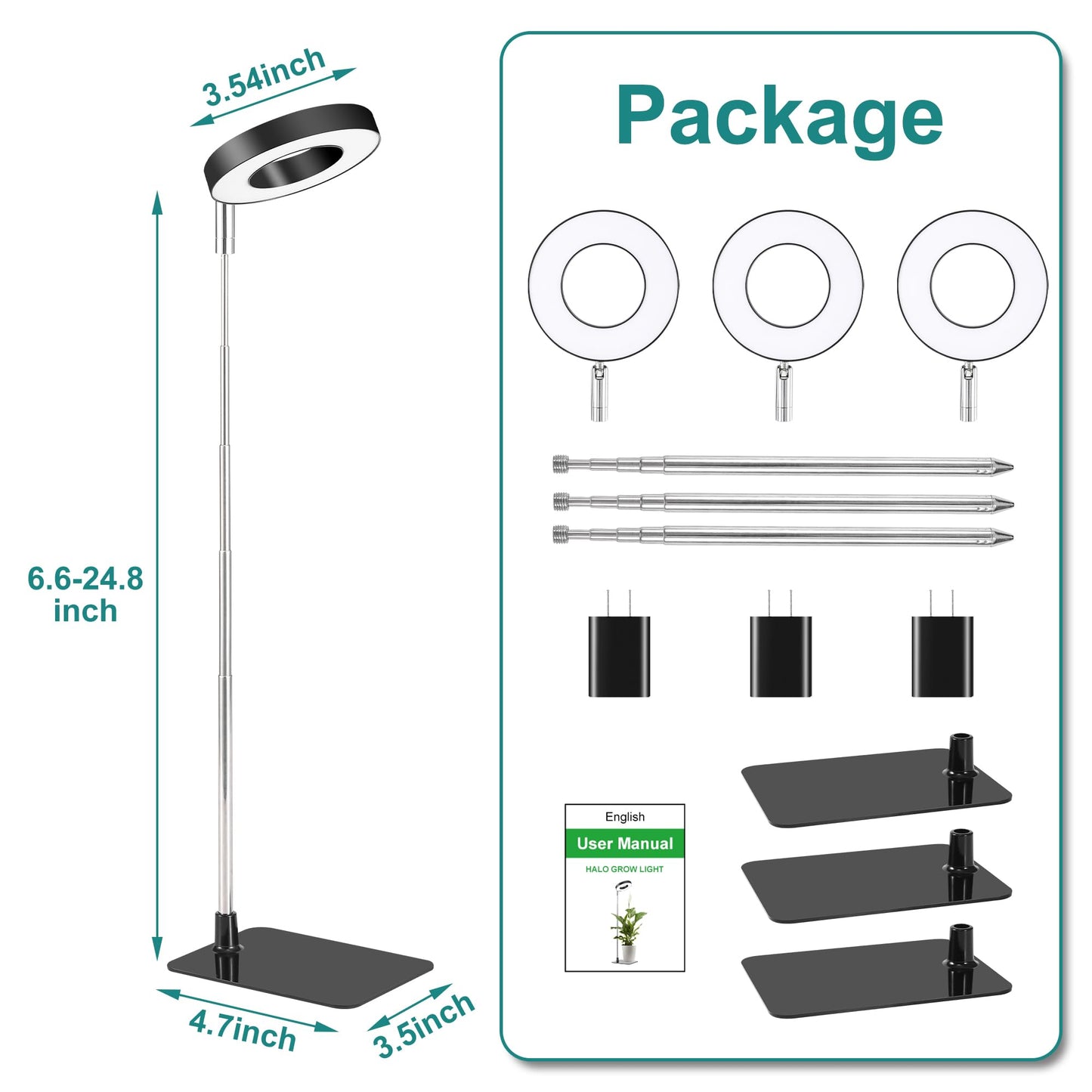 Plant Light for Indoor Plants, 48 LEDs Full Spectrum Growing Lamp, Height Adjustable Stand with Base, 3/9/12H Timer, 10 Brightness Levels, Black, 3 Pack