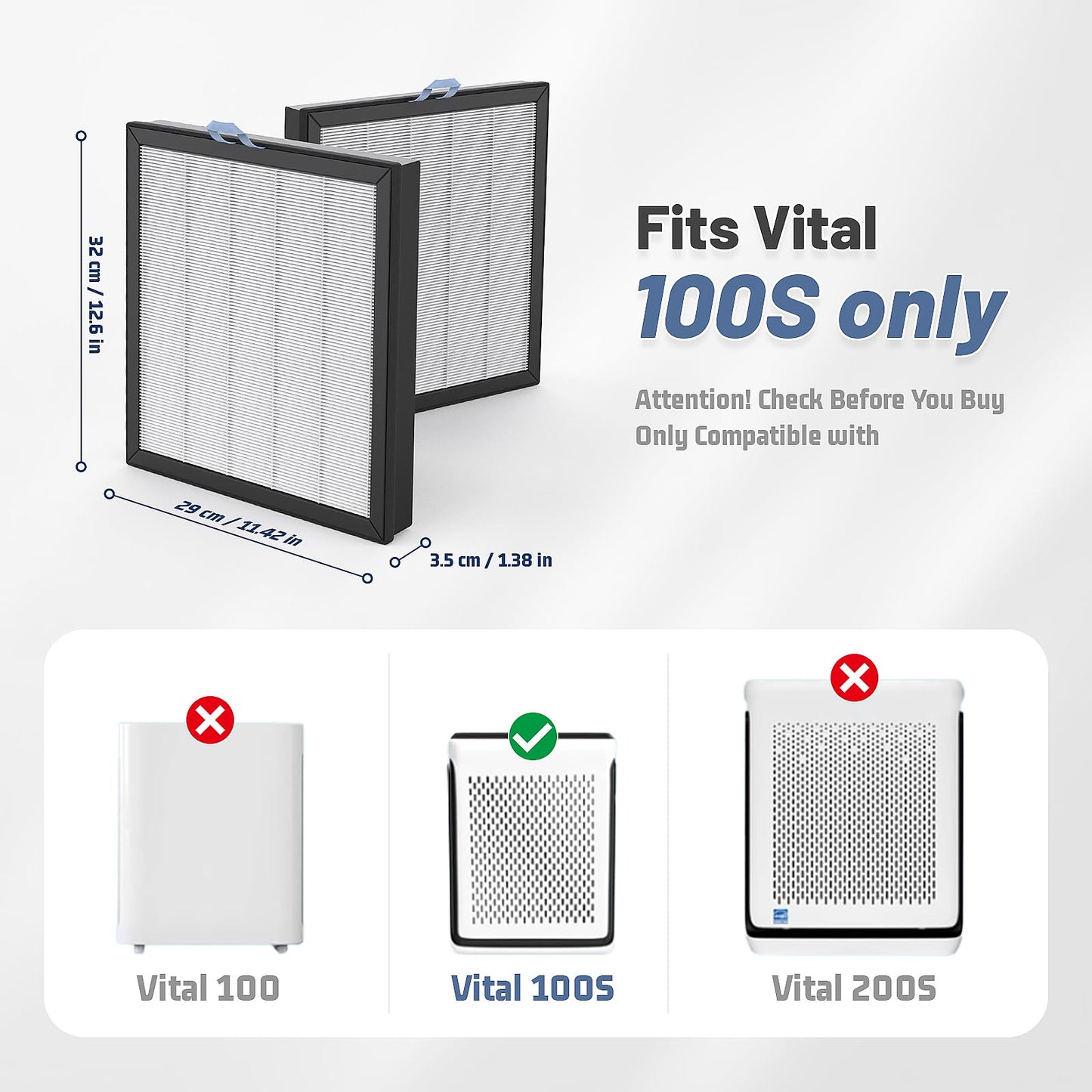 2 Pack Vital 100S Replacement Filter Compatible with LEVOIT Vital 100S Air Purifier, Air Purifier Filter 3-in-1 HEPA & Activated Carbon, Filter Replacement Vital 100S-RF, White
