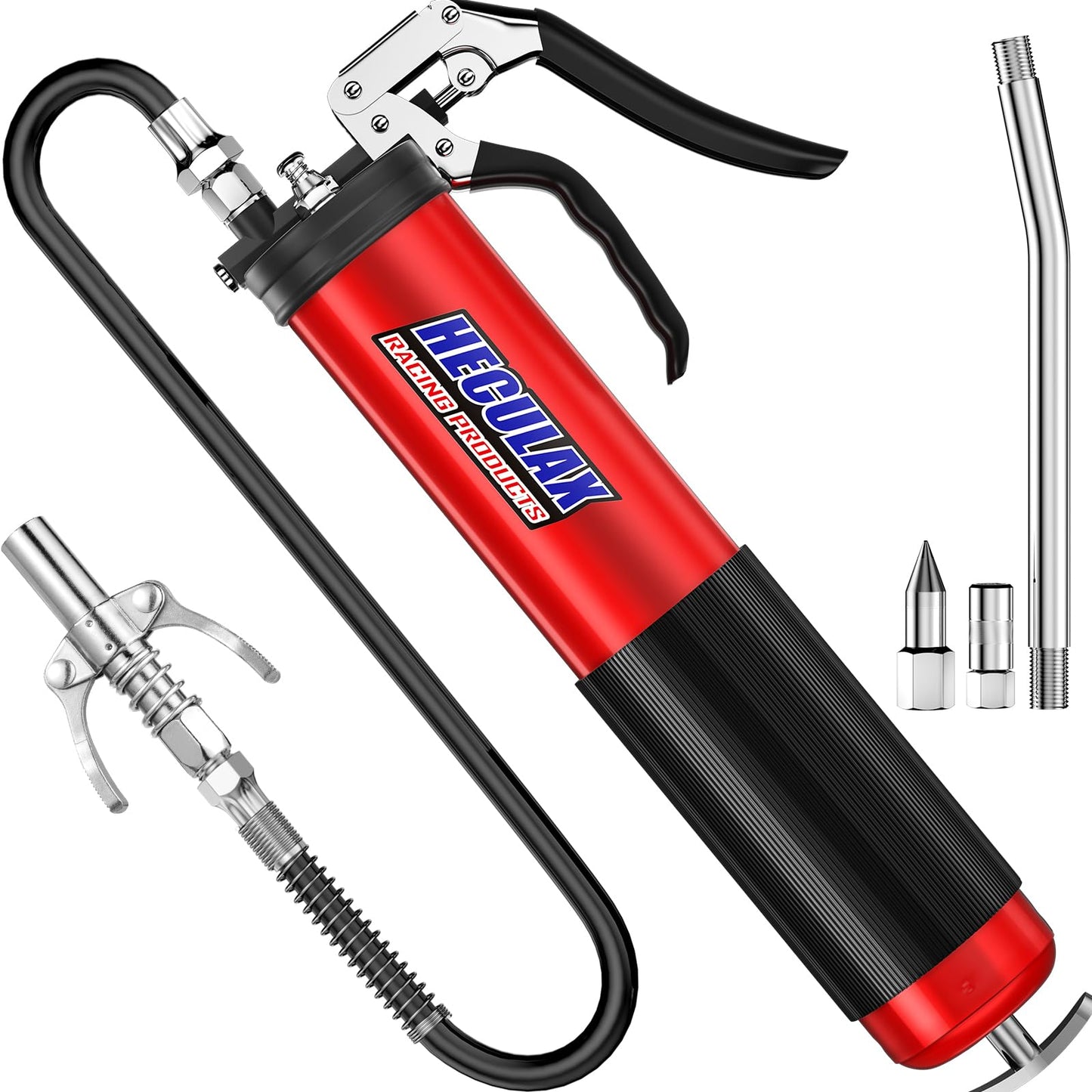 Heavy Duty Pistol Grip Grease Gun with Nozzle - 18 inch Heavy Duty Reinforced Flex Hose
