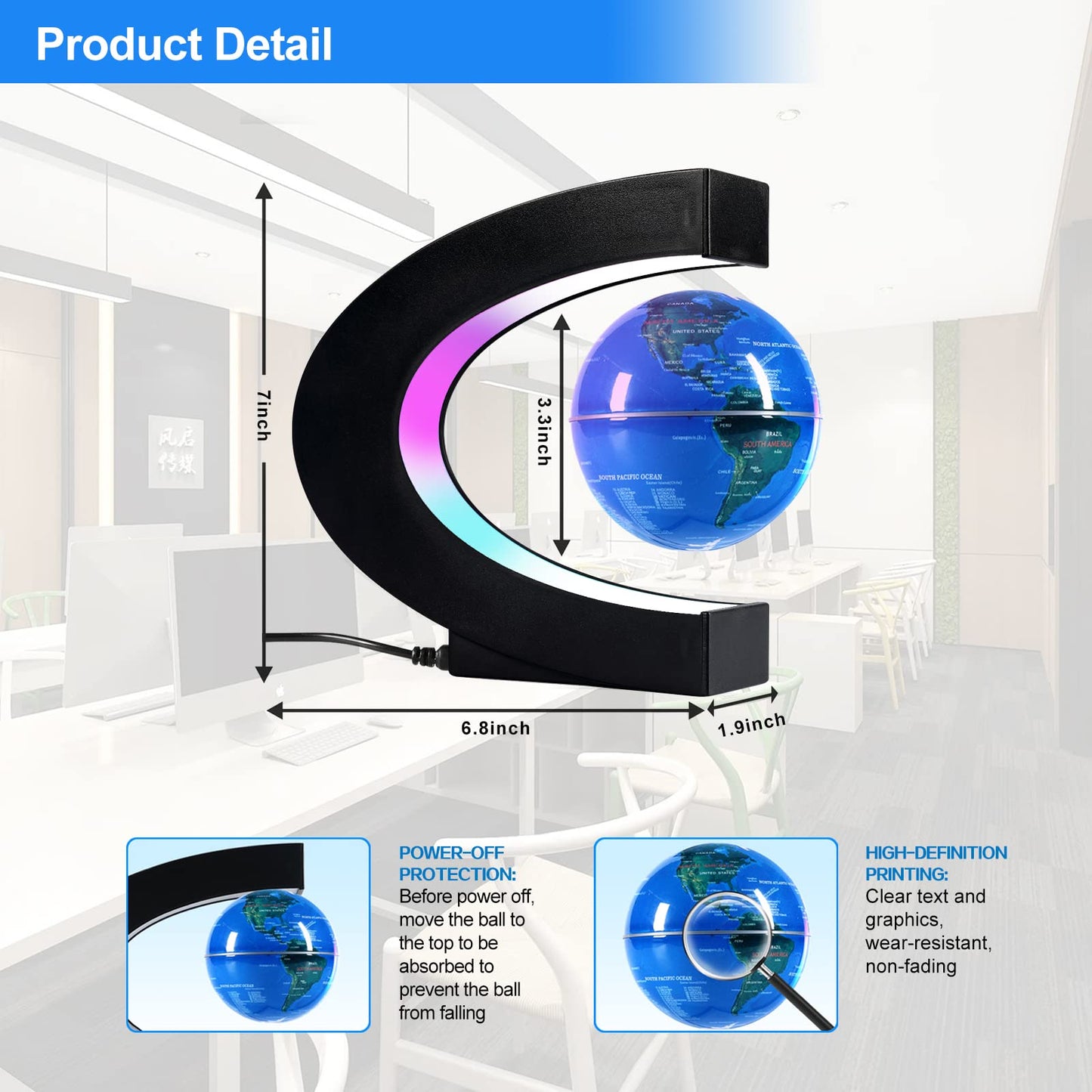 Flagest Magnetic Levitation Floating Globe, Levitating C Shape Globe with LED Lights for Education Home Office Desk Bookshelf Decor, Holiday Anniversary Christmas Creative Gift (3.3 Inches)