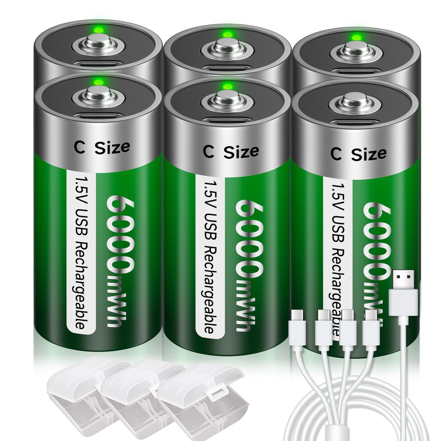 Palogreen USB C Rechargeable Batteries 1.5V Constant Output, 6000mWh D Cell with Type-C Charging Cable, LR20 Replacement Battery for Flashlight, Toys, Water-Heater -6 Pack
