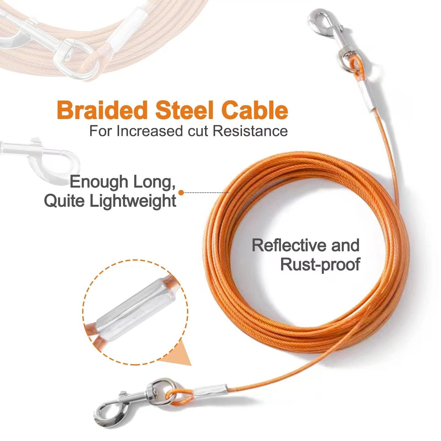Mi Metty Tie Out Cable for Dogs, 10/20/30/50/ 100FT Dog Leads for Yard Chew Proof, Heavy Duty Dog Tie Out Cable for Large Dogs Up to 120lbs (Orange, 125Ibs 100ft)