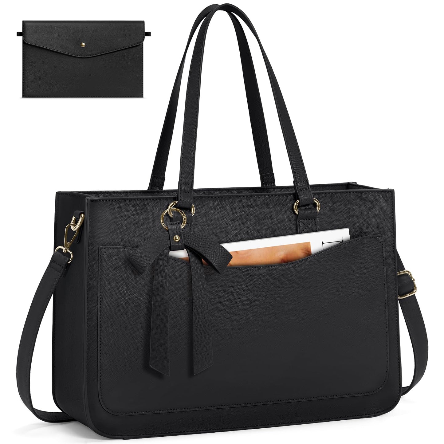 RAINSMORE Laptop Bags for Women 15.6 Inch Work Tote Bags Leather Laptop Tote Waterproof Computer Bags Professional Office Business Briefcase Large Handbag for Travel College Teacher, Black