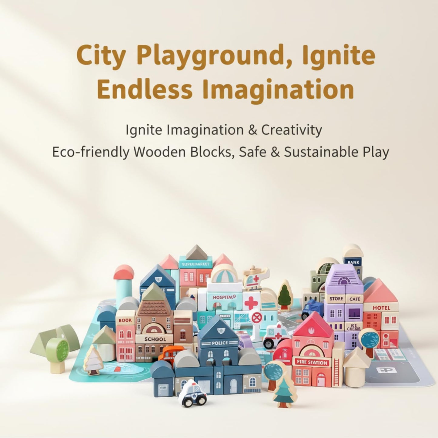 Wooden Building Blocks Set, City Construction Stacker Stacking Preschool Learning Educational Toys, Toddler Toys for 3+ Year Old Boy and Girl Gifts