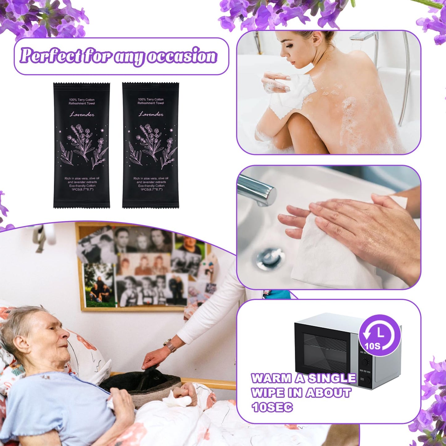Moist Cotton Towel Bulk Moist Towelettes Individually Wrapped 8.7" x 8.7",White Towel Services,Refreshment Pre Moistened Towels Lavender Scent for Travel Sport Party Spa Dentist Hote (1 Count (Pack of 200), Lavender)
