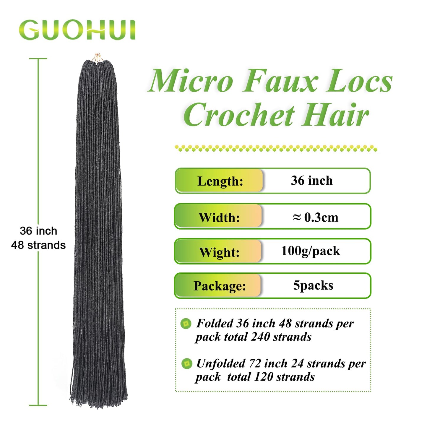 GUOHUI Micro Faux Locs Crochet Hair, 36 Inch 5 Packs Color Natural Black DIY Braids Straight Styles (36",1B)