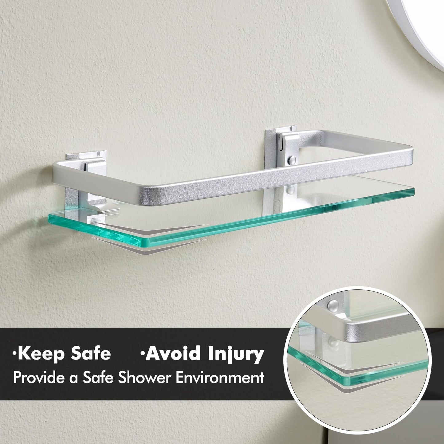 KES Bathroom Glass Shelf Tempered Glass Shelf 13.8 inch, Aluminum Extra Thick 8MM Glass Shelves Over Toilet 1 Tier Rectangular Clear Glass Shelf 3 Packs, Wall Mounted, Silver, A4126A-P3