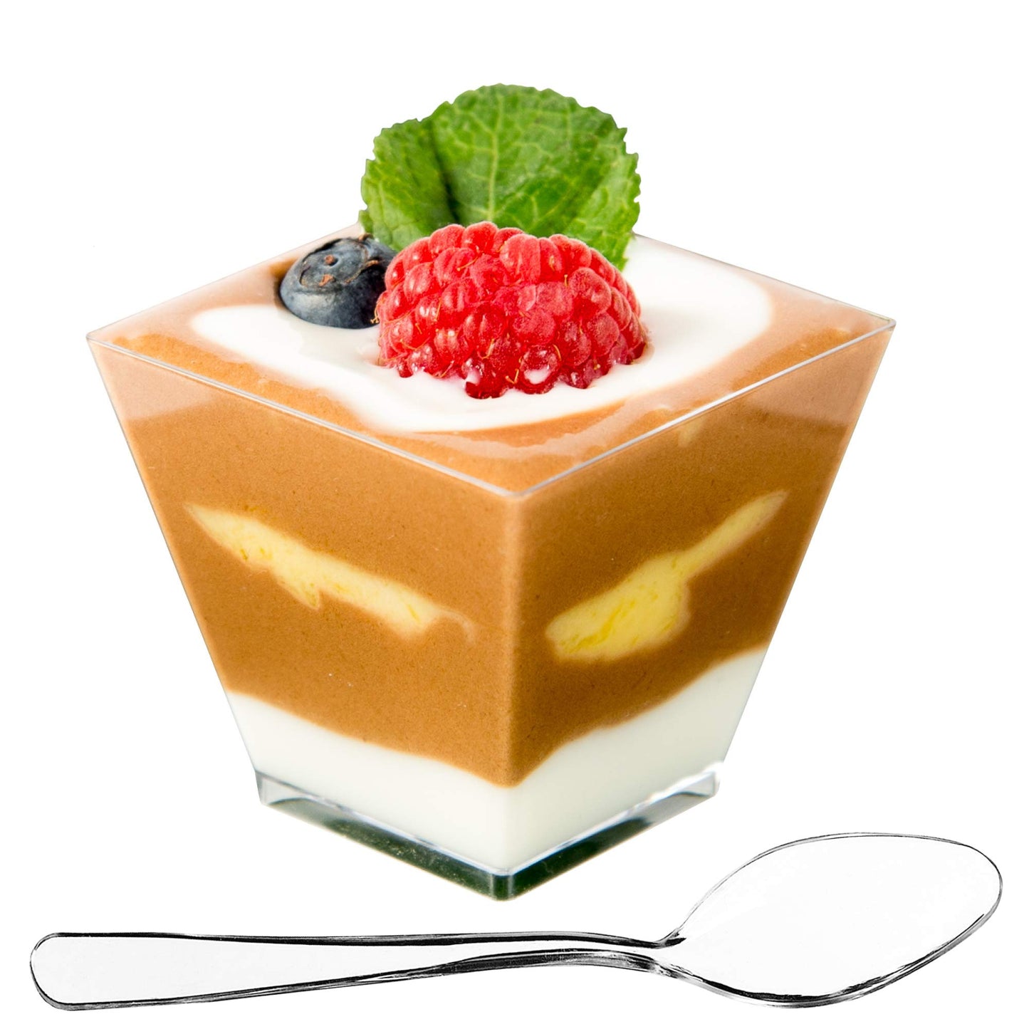 DLux 100 x 2 oz Mini Dessert Cups with Spoons, Square Short - Clear Plastic Parfait Appetizer Cup - Small Reusable Serving Bowl for Tasting Party Desserts Appetizers - with Recipe Ebook