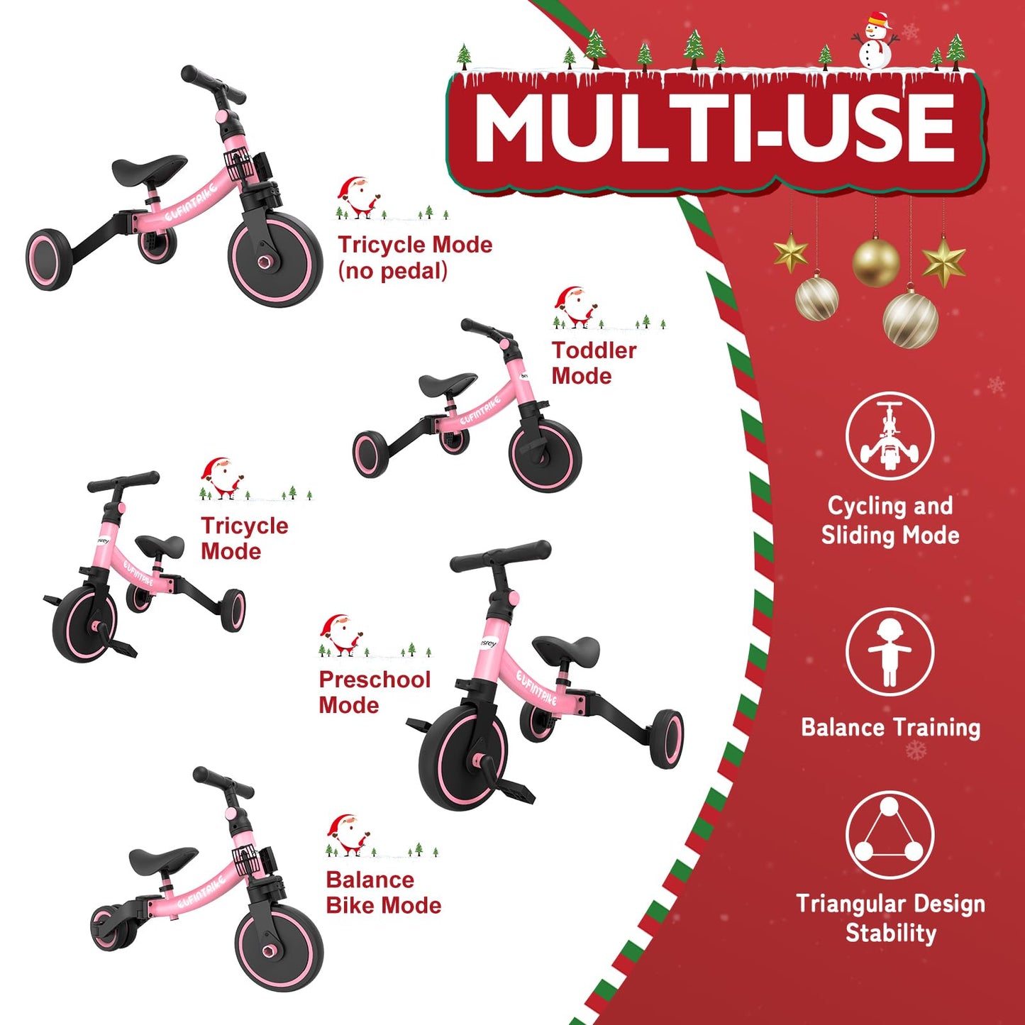 besrey 5 in 1 Toddler Bike for 1 Years to 4 Years Old Kids, Toddler Tricycle Kids Trikes Tricycle, Toys for Boy & Girl, Balance Training, Removable Pedals - Pink