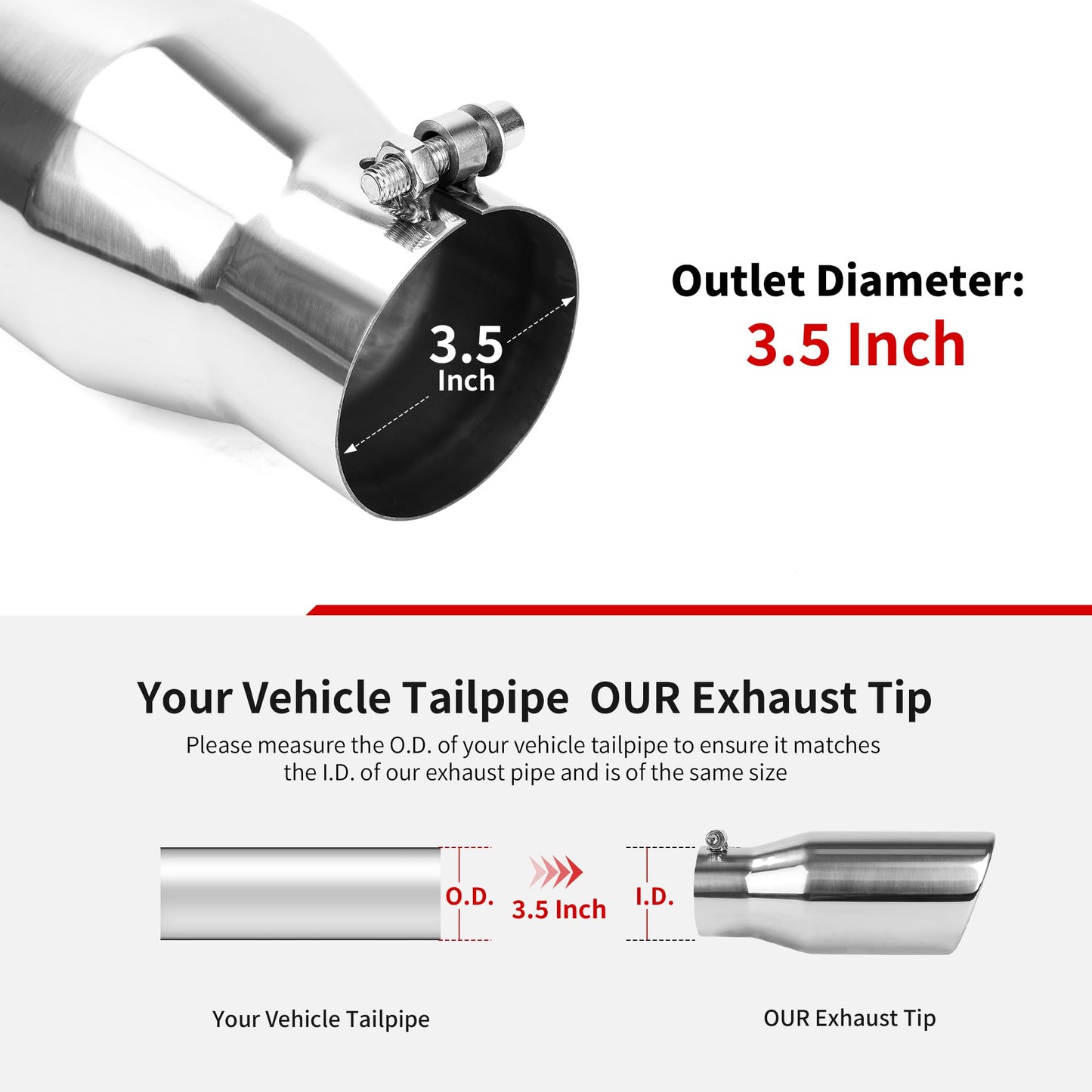 Richeer 3.5 Inch Inlet Exhaust Tip, 5" Outlet 12" Overall Length, Stainless Steel Polished Chrome Finish, Universal for Vehicles with 3.5" O.D. Exhaust Tailpipe