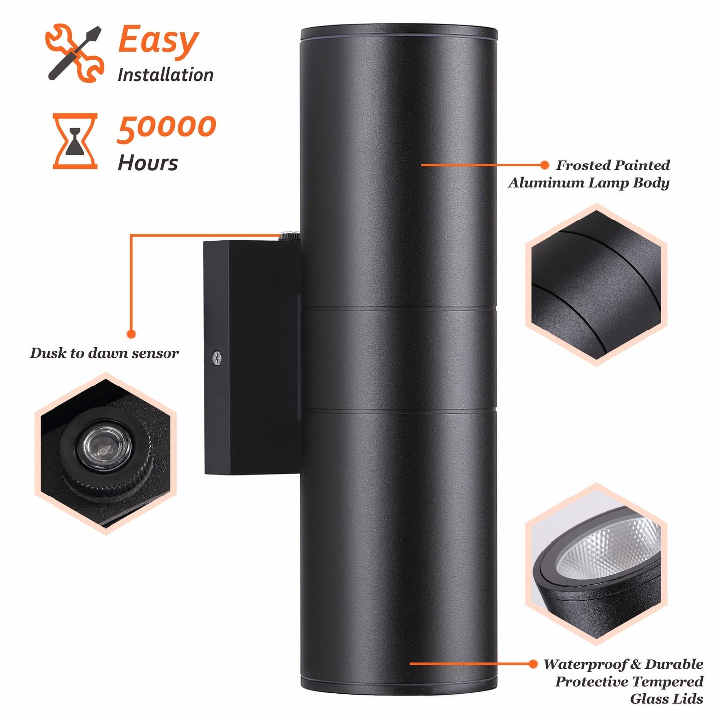 DAKAFUL Dusk to Dawn Outdoor Lighting Sensor Wall Lights 2Pack, 12W 2700K Integrated LED Cylinder Up Down Lights Outdoor, IP65 Waterproof Aluminum Wall Sconce Exterior Wall Light for Porch Patio etc.
