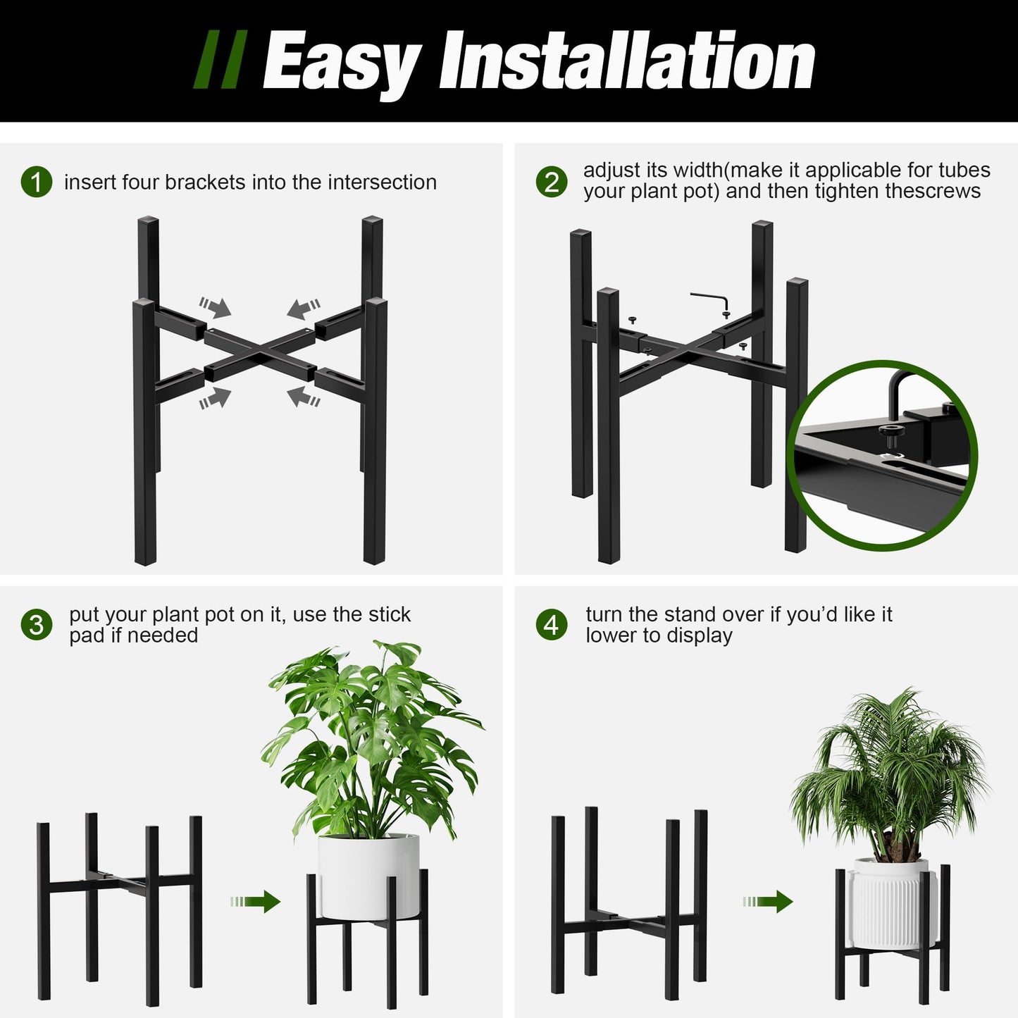 Adjustable Metal Plant Stand Outdoor & Indoor Fits for 8-14 inches Plant Pot Stand Mid Century Modern Planter Pot Holder Corner Plant Stands 2 Packs