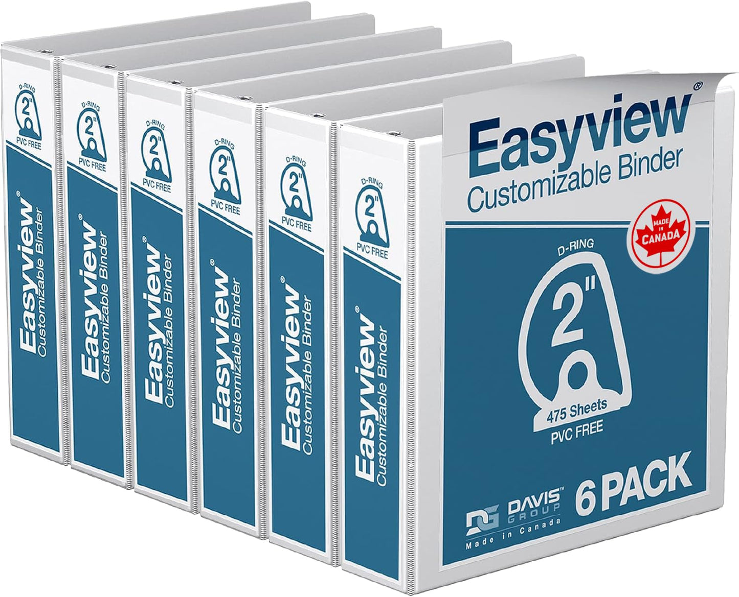 EasyView Premium Angled D-Ring 2-Inch Binders with Clear-View Covers, Customizable 3-Ring Binders for School, Office, or Home, Pack of 6, White