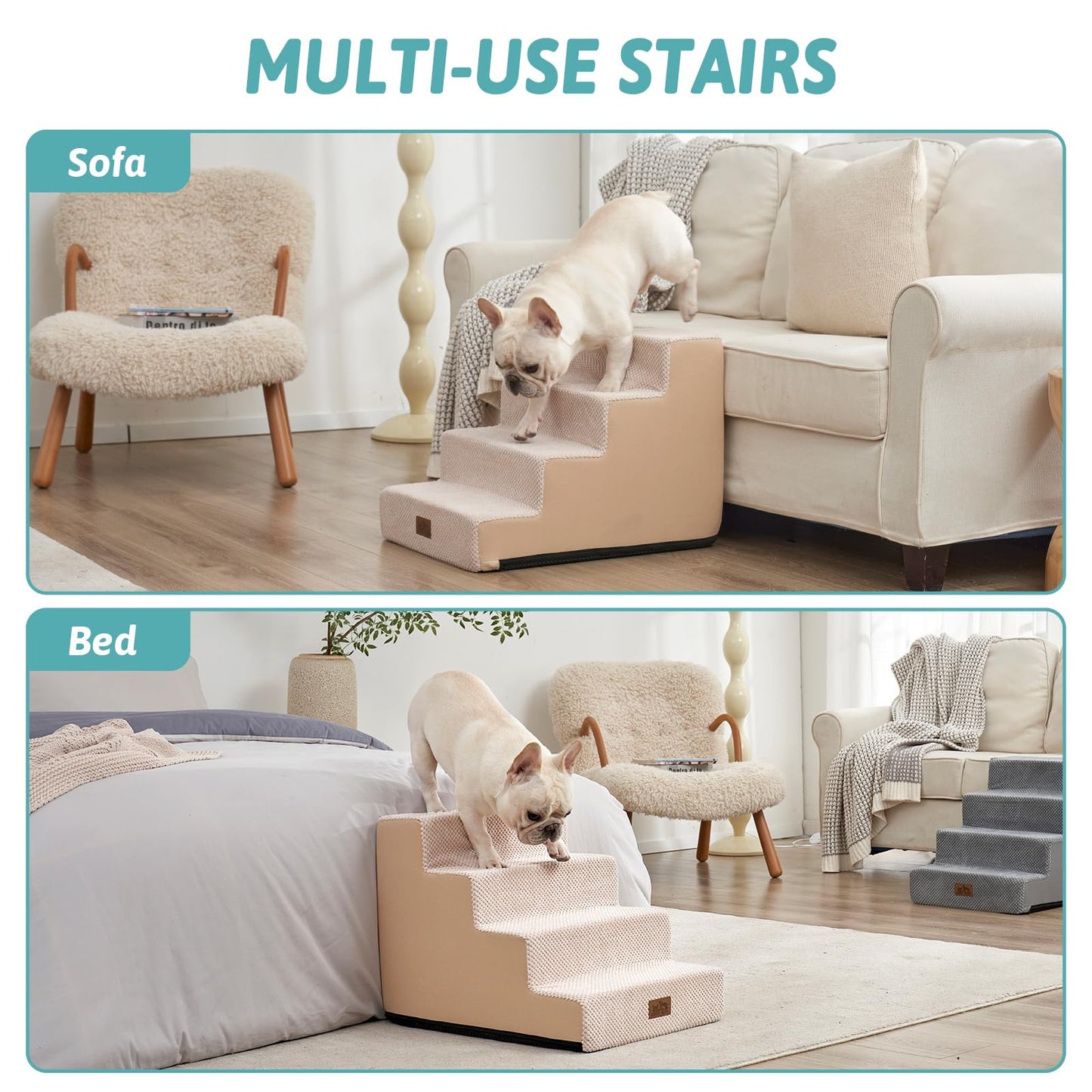 COZY KISS Dog Stairs for Small Dogs, 4 Tier Wider Pet Stairs for Couch and Beds, 17.7" H Non-Slip Dog Steps for Old Cats, Puppy, Small Medium Dogs, 17.7x23.6x17.7 inch, Beige